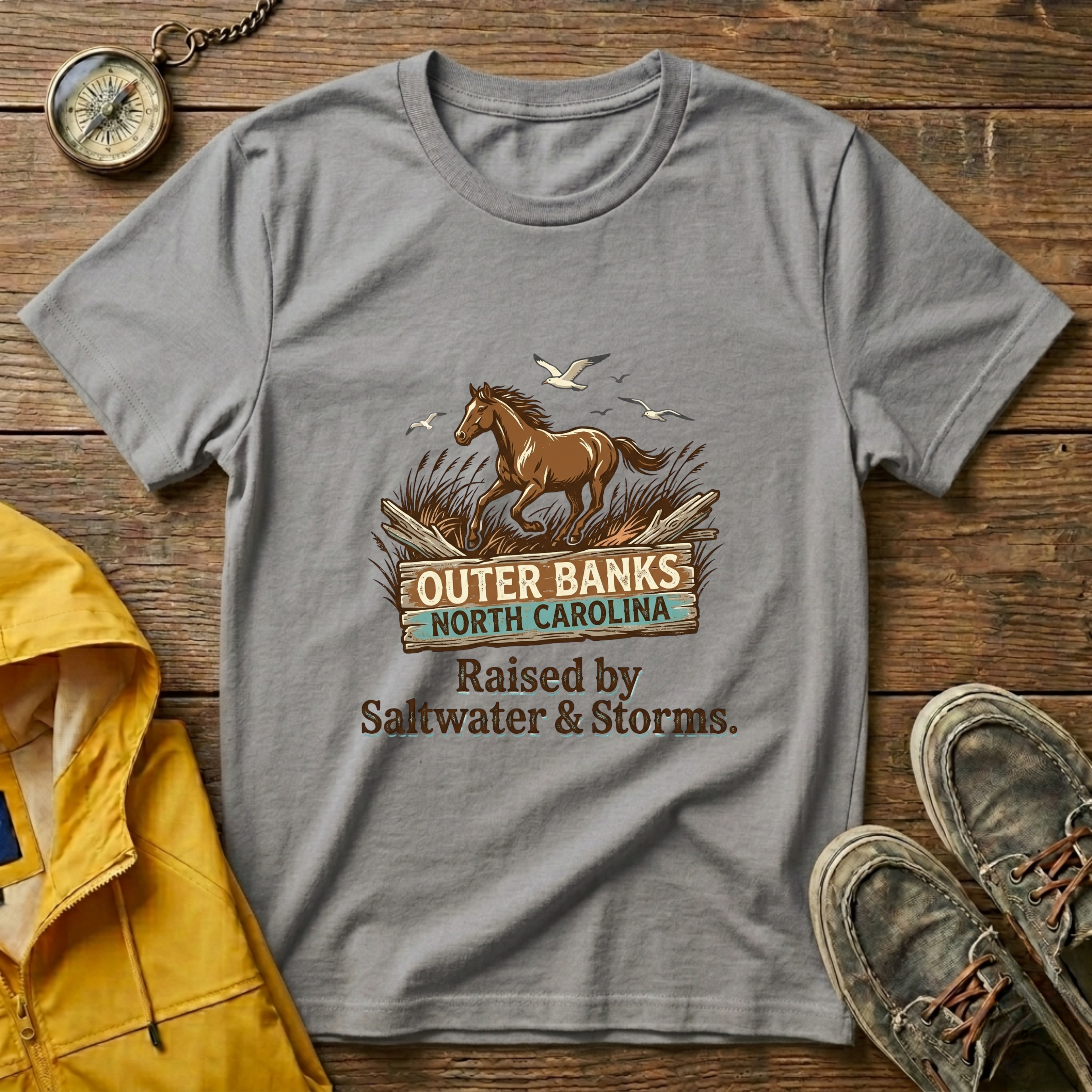 Outer Banks Horse T-Shirt — "Raised by Saltwater & Storms" Coastal Tee