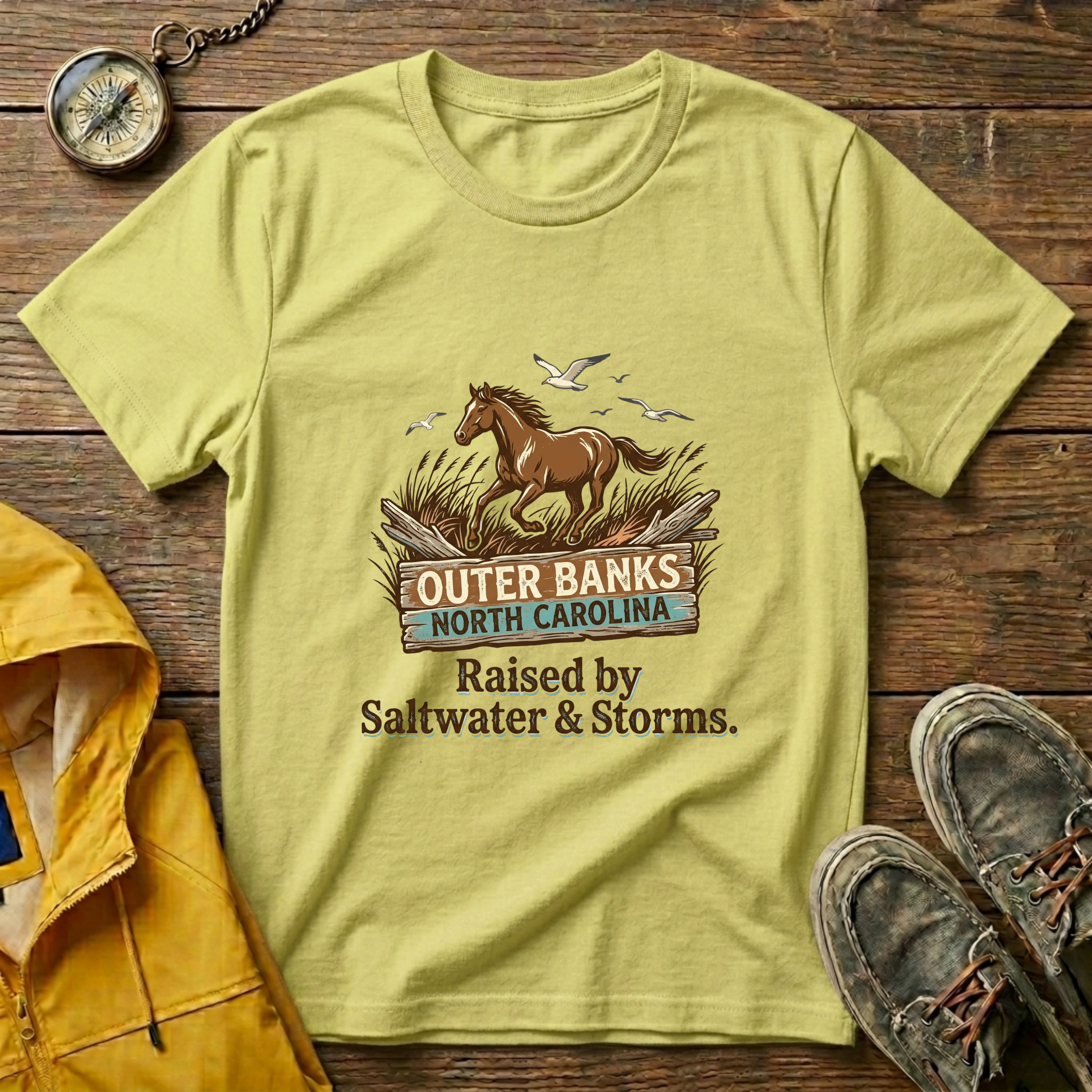 Outer Banks Horse T-Shirt — "Raised by Saltwater & Storms" Coastal Tee