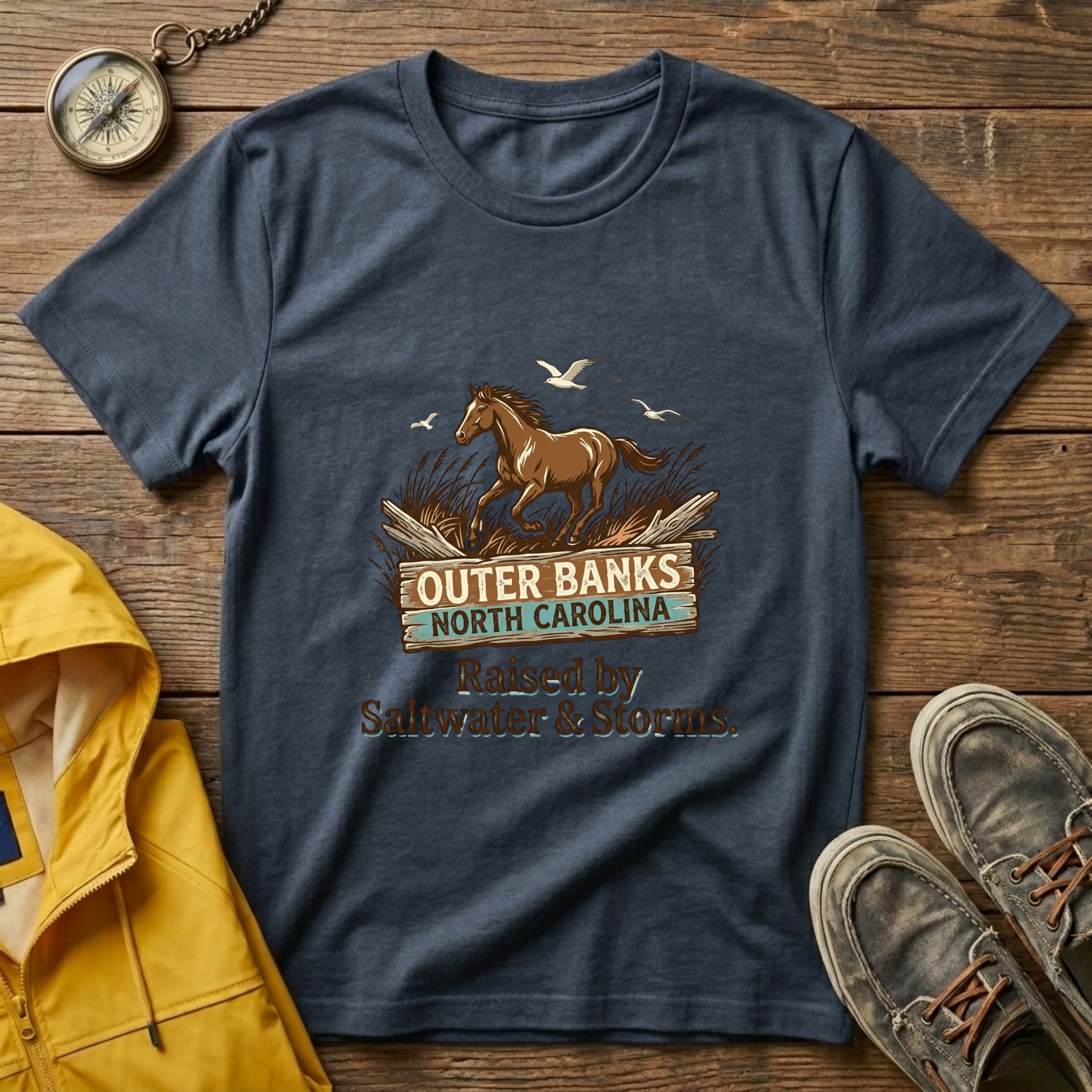Outer Banks Horse T-Shirt — "Raised by Saltwater & Storms" Coastal Tee