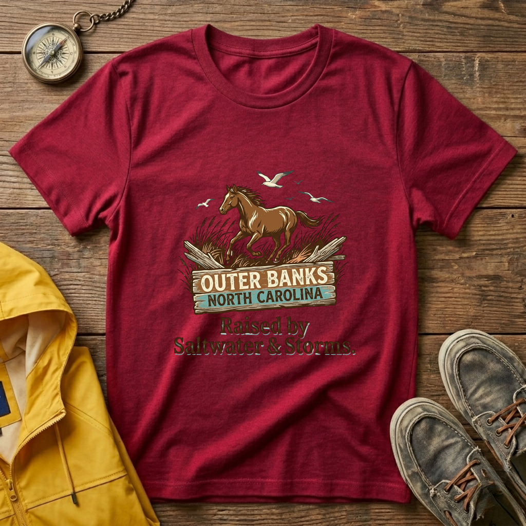 Outer Banks Horse T-Shirt — "Raised by Saltwater & Storms" Coastal Tee