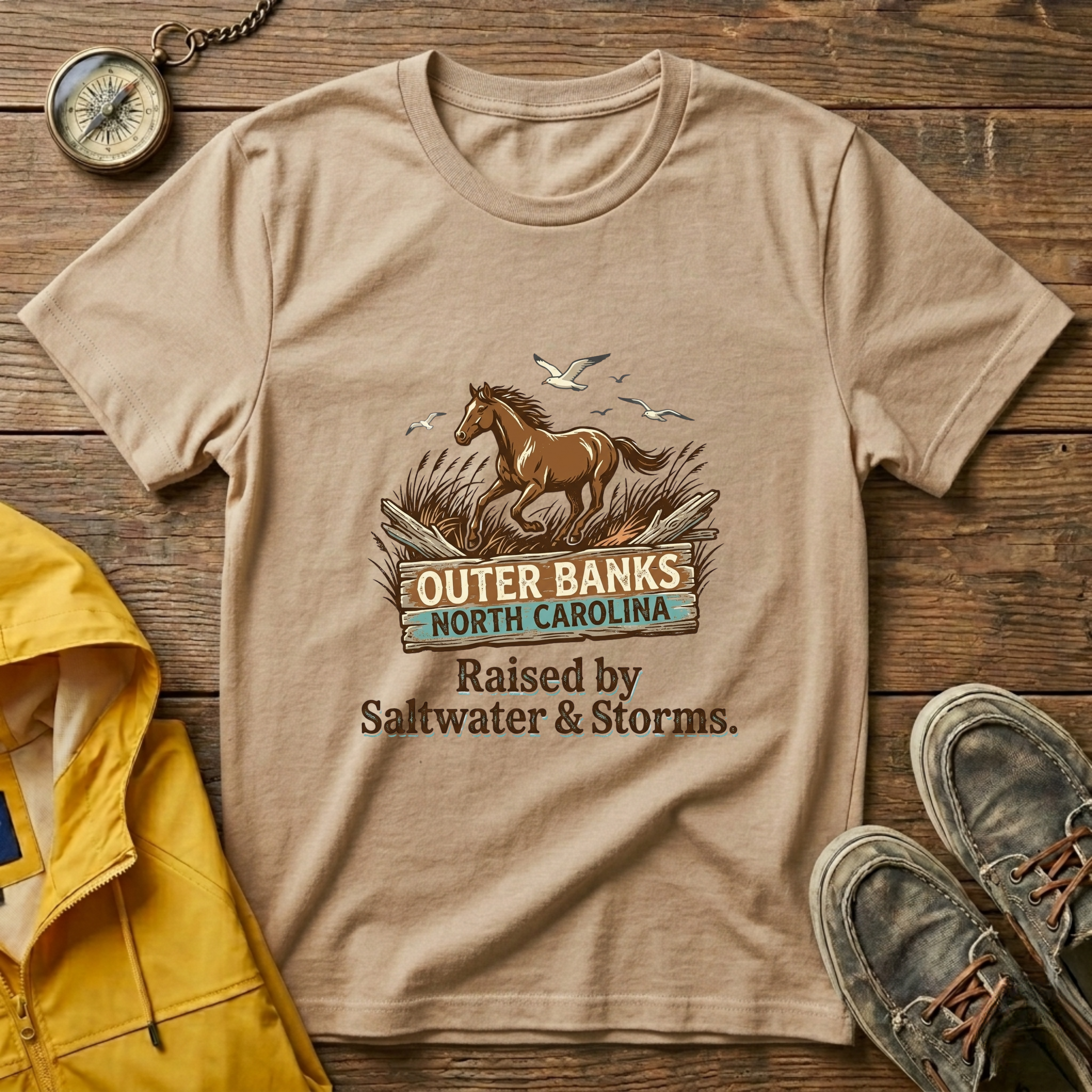 Outer Banks Horse T-Shirt — "Raised by Saltwater & Storms" Coastal Tee
