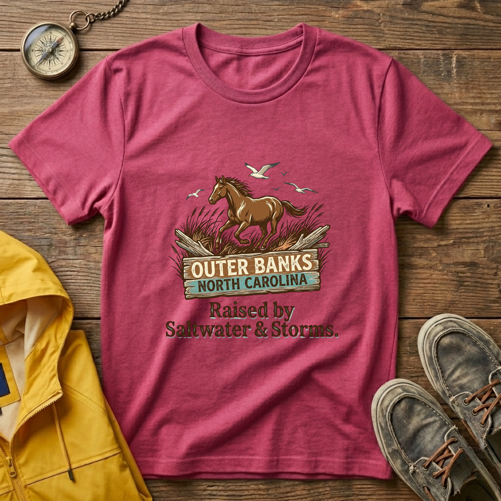 Outer Banks Horse T-Shirt — "Raised by Saltwater & Storms" Coastal Tee