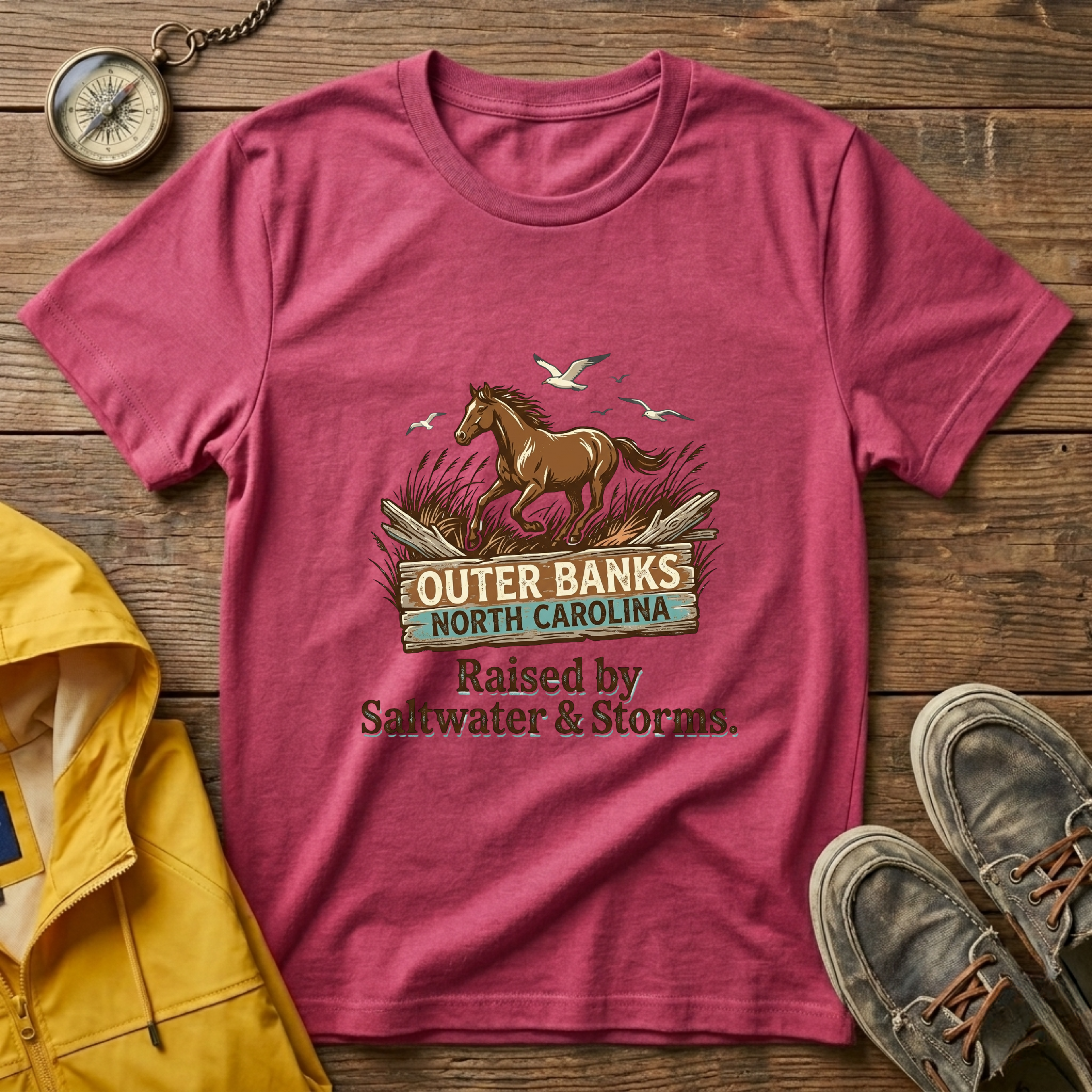Outer Banks Horse T-Shirt — "Raised by Saltwater & Storms" Coastal Tee