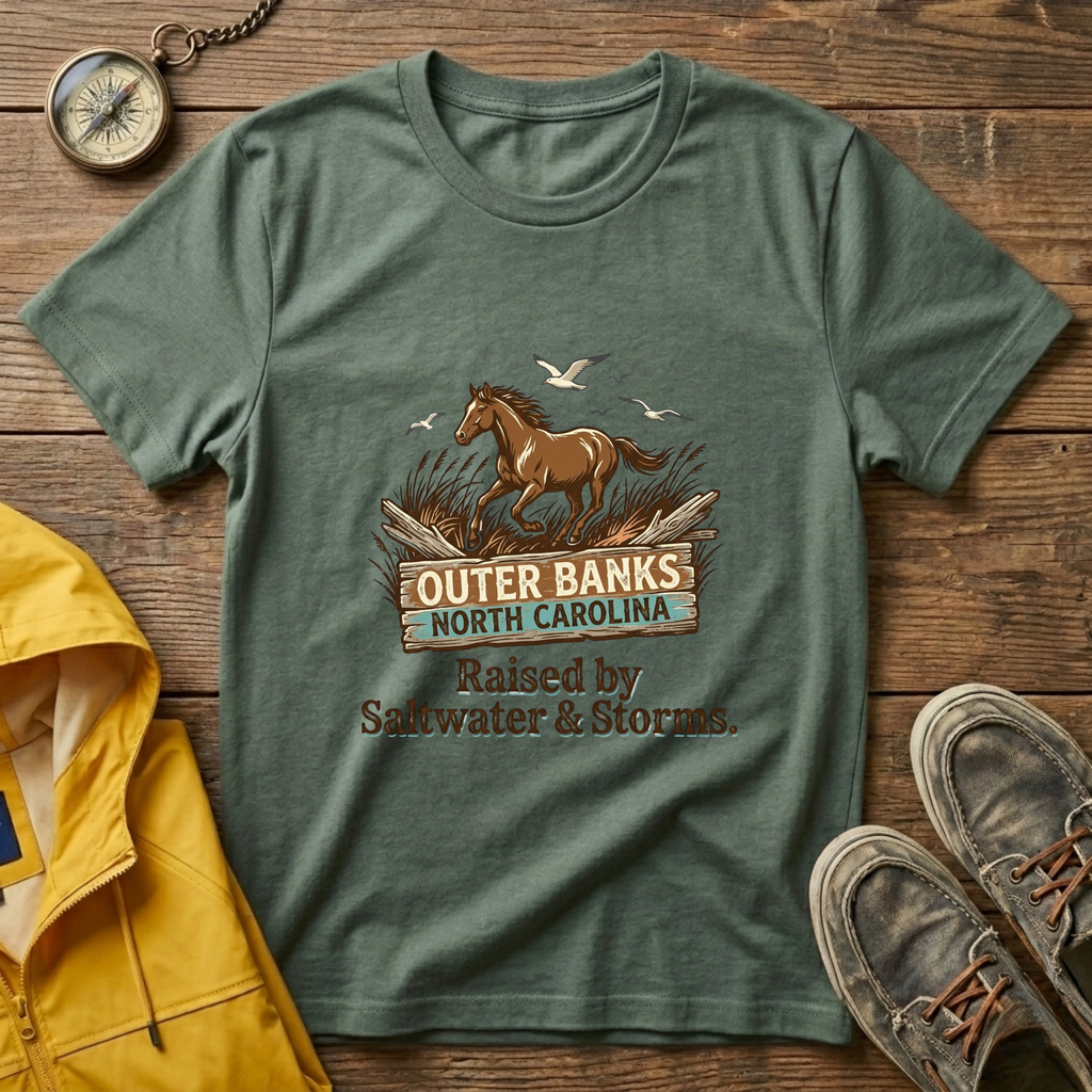 Outer Banks Horse T-Shirt — "Raised by Saltwater & Storms" Coastal Tee