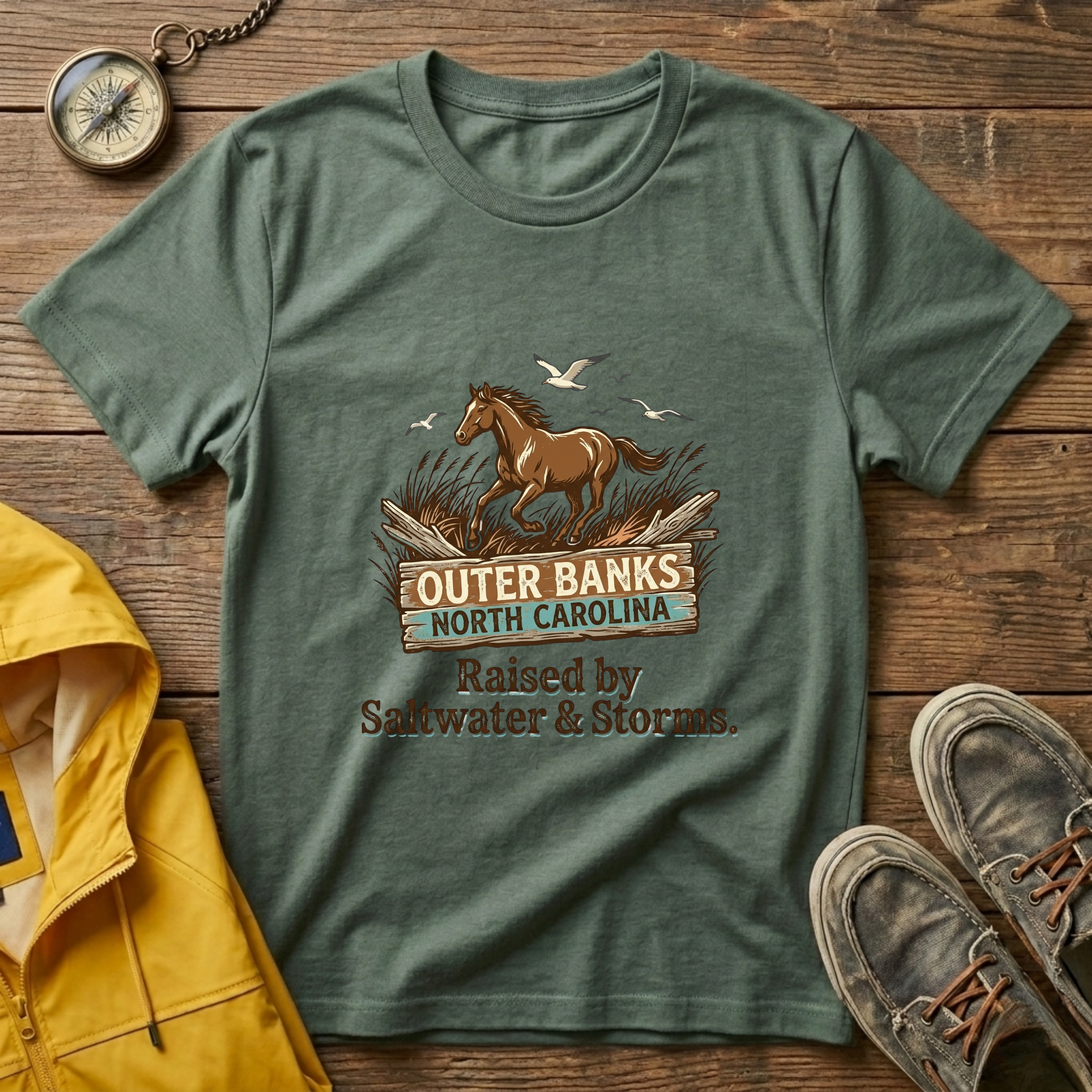 Outer Banks Horse T-Shirt — "Raised by Saltwater & Storms" Coastal Tee