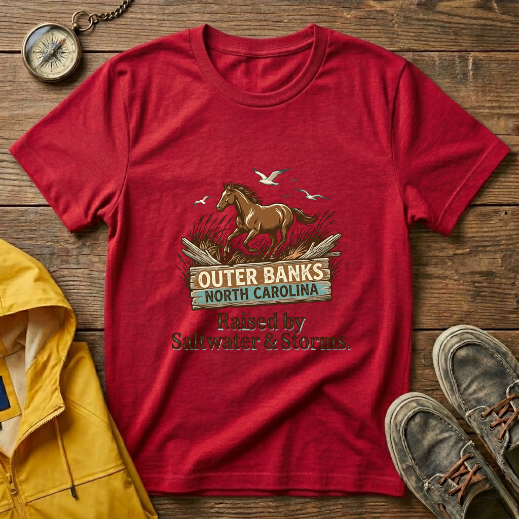 Outer Banks Horse T-Shirt — "Raised by Saltwater & Storms" Coastal Tee
