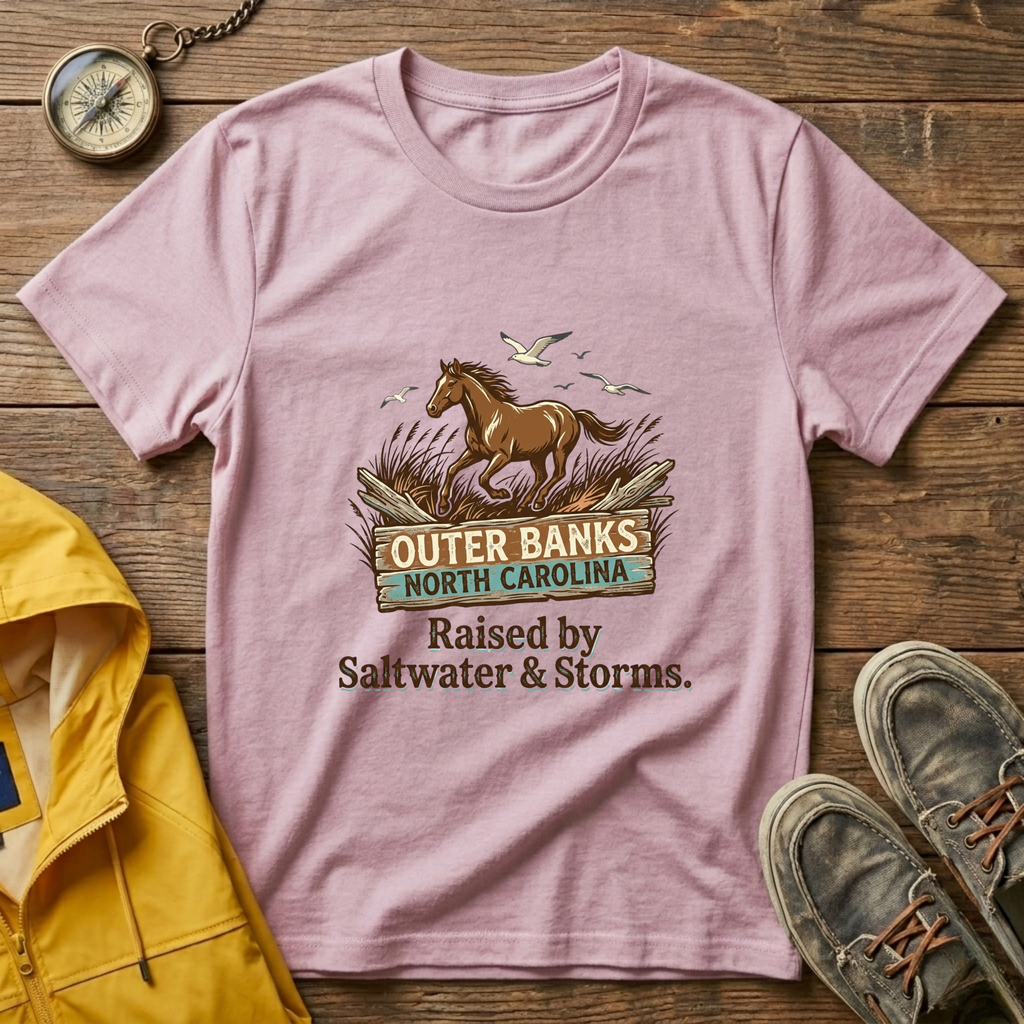Outer Banks Horse T-Shirt — "Raised by Saltwater & Storms" Coastal Tee