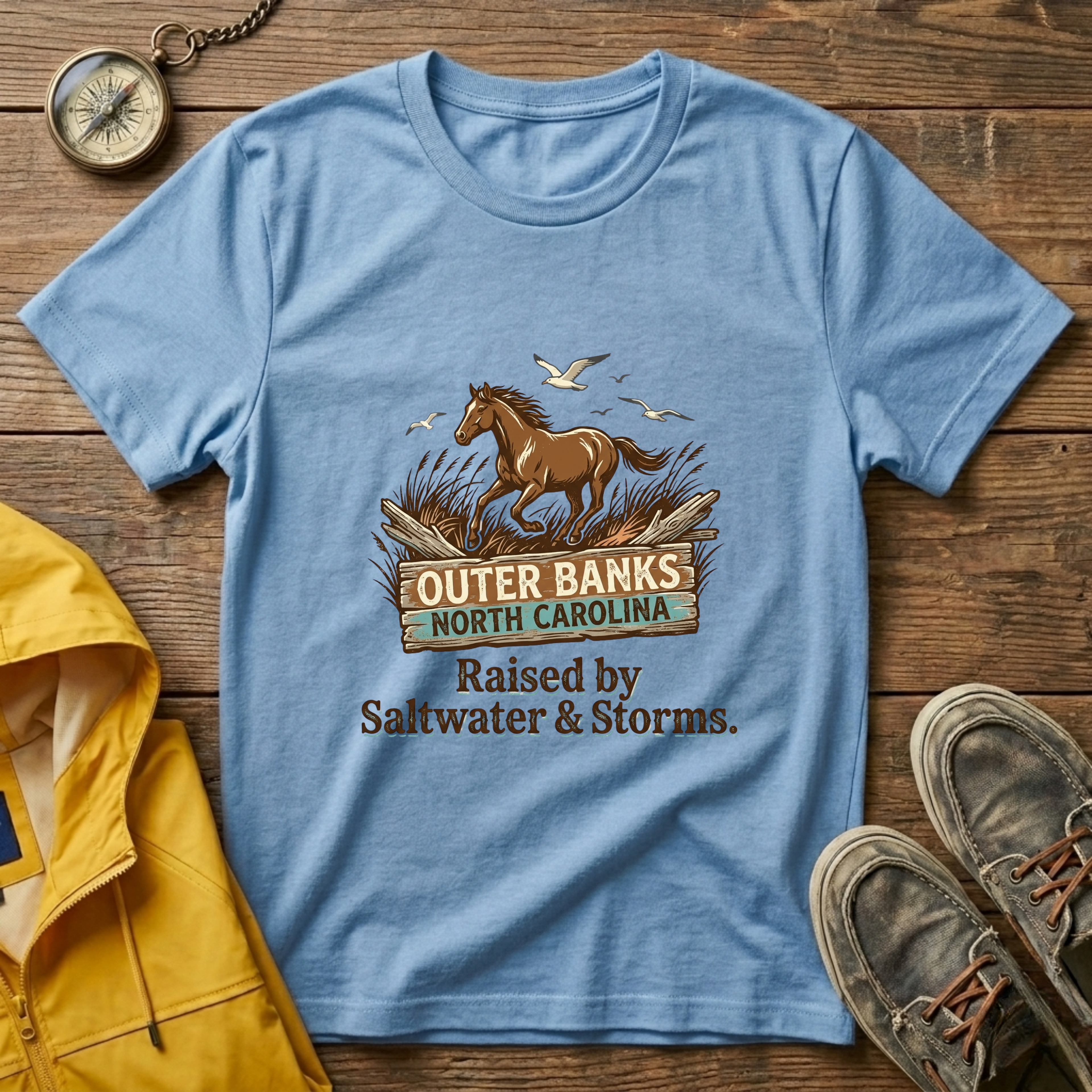 Outer Banks Horse T-Shirt — "Raised by Saltwater & Storms" Coastal Tee
