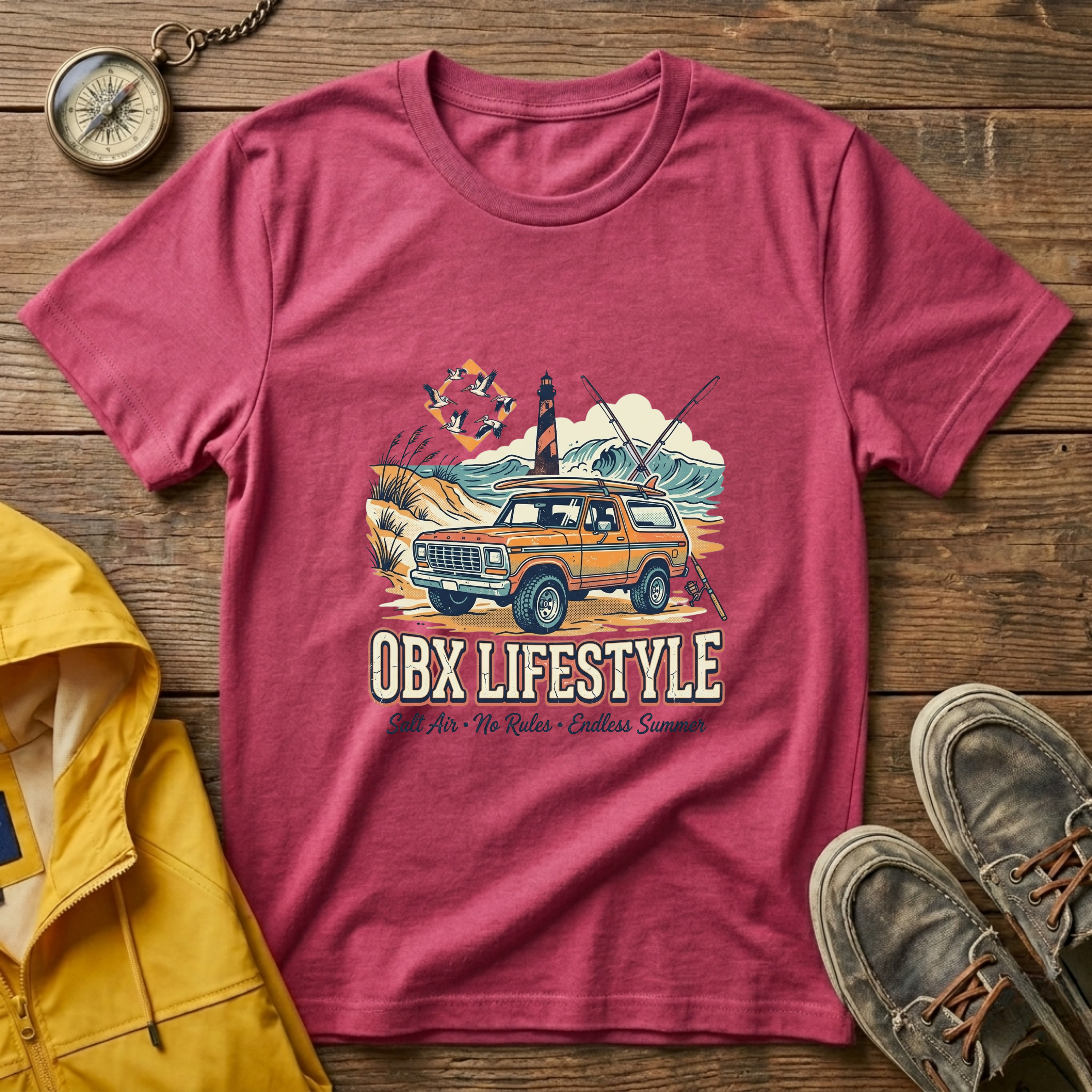 OBX Lifestyle Surf Wagon T-Shirt — Coastal Beach Vintage Lighthouse Tee