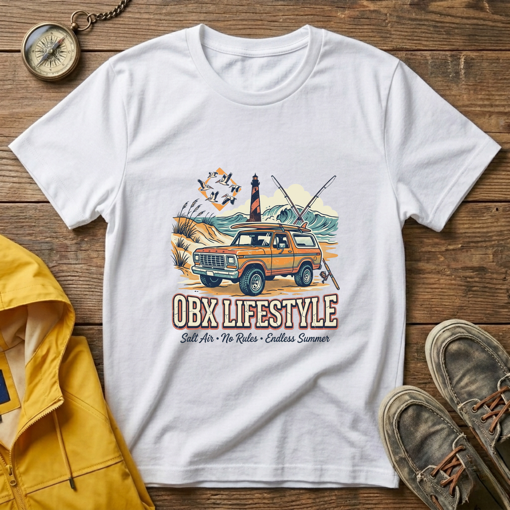 OBX Lifestyle Surf Wagon T-Shirt — Coastal Beach Vintage Lighthouse Tee
