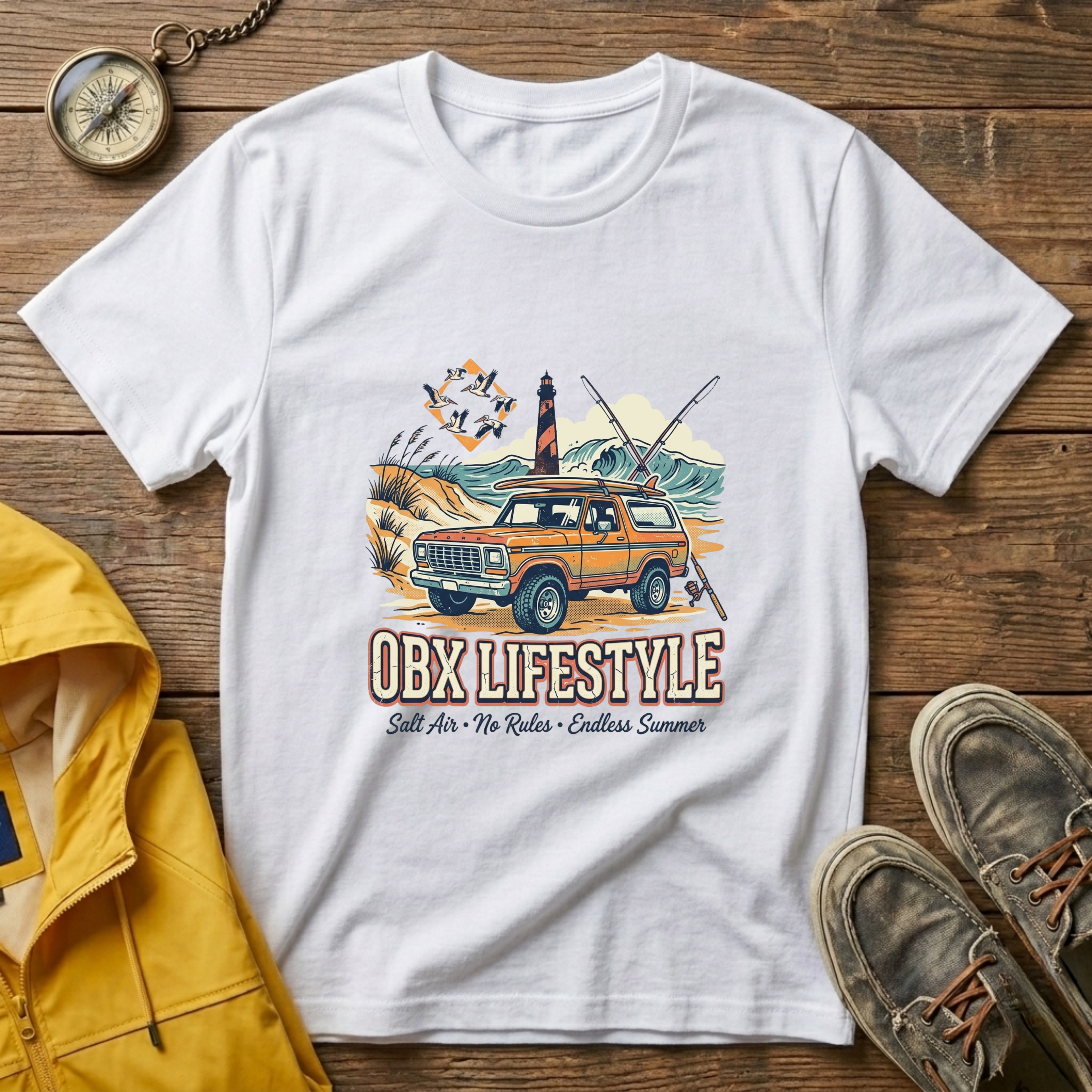OBX Lifestyle Surf Wagon T-Shirt — Coastal Beach Vintage Lighthouse Tee