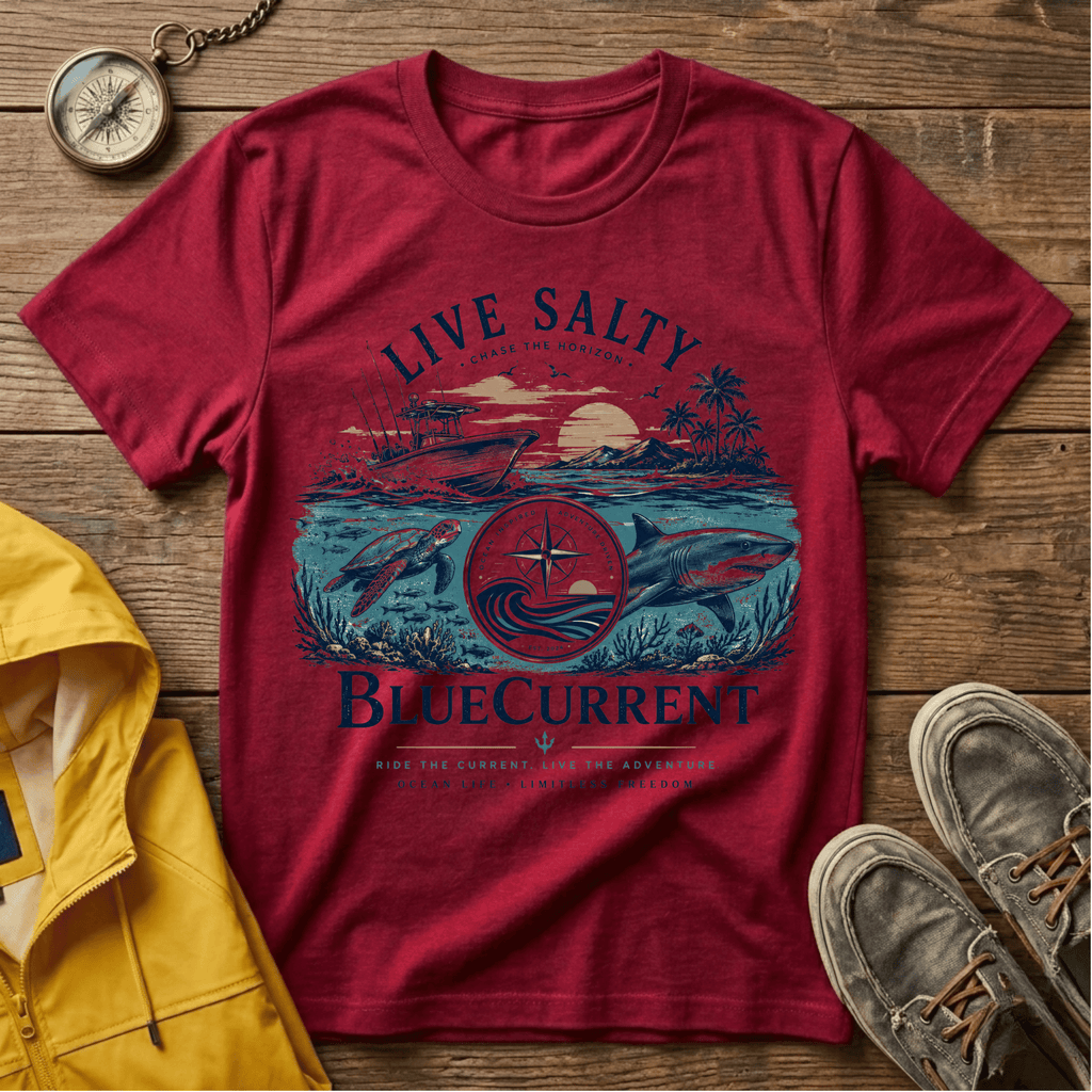 Live Salty Boat Tee — Coastal Sunset Nautical T-Shirt (BlueCurrent)