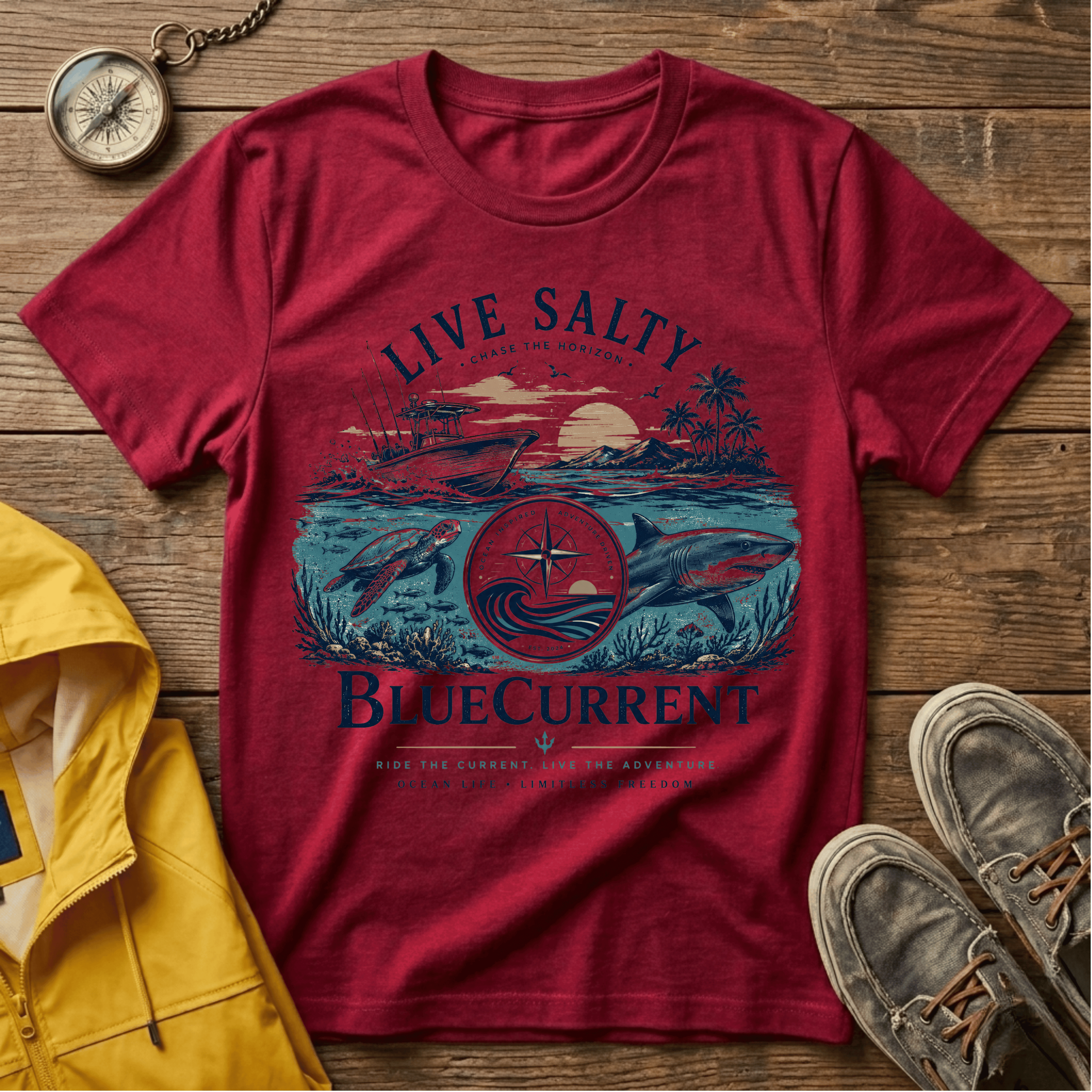 Live Salty Boat Tee — Coastal Sunset Nautical T-Shirt (BlueCurrent)