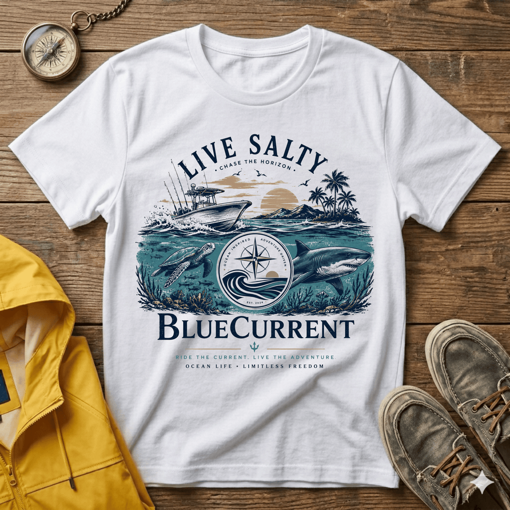 Live Salty Boat Tee — Coastal Sunset Nautical T-Shirt (BlueCurrent)