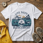 Live Salty Boat Tee — Coastal Sunset Nautical T-Shirt (BlueCurrent)
