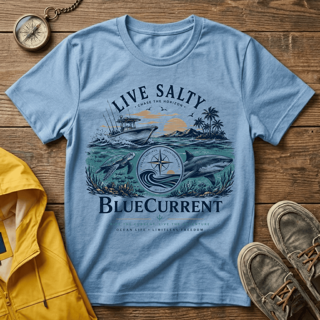 Live Salty Boat Tee — Coastal Sunset Nautical T-Shirt (BlueCurrent)