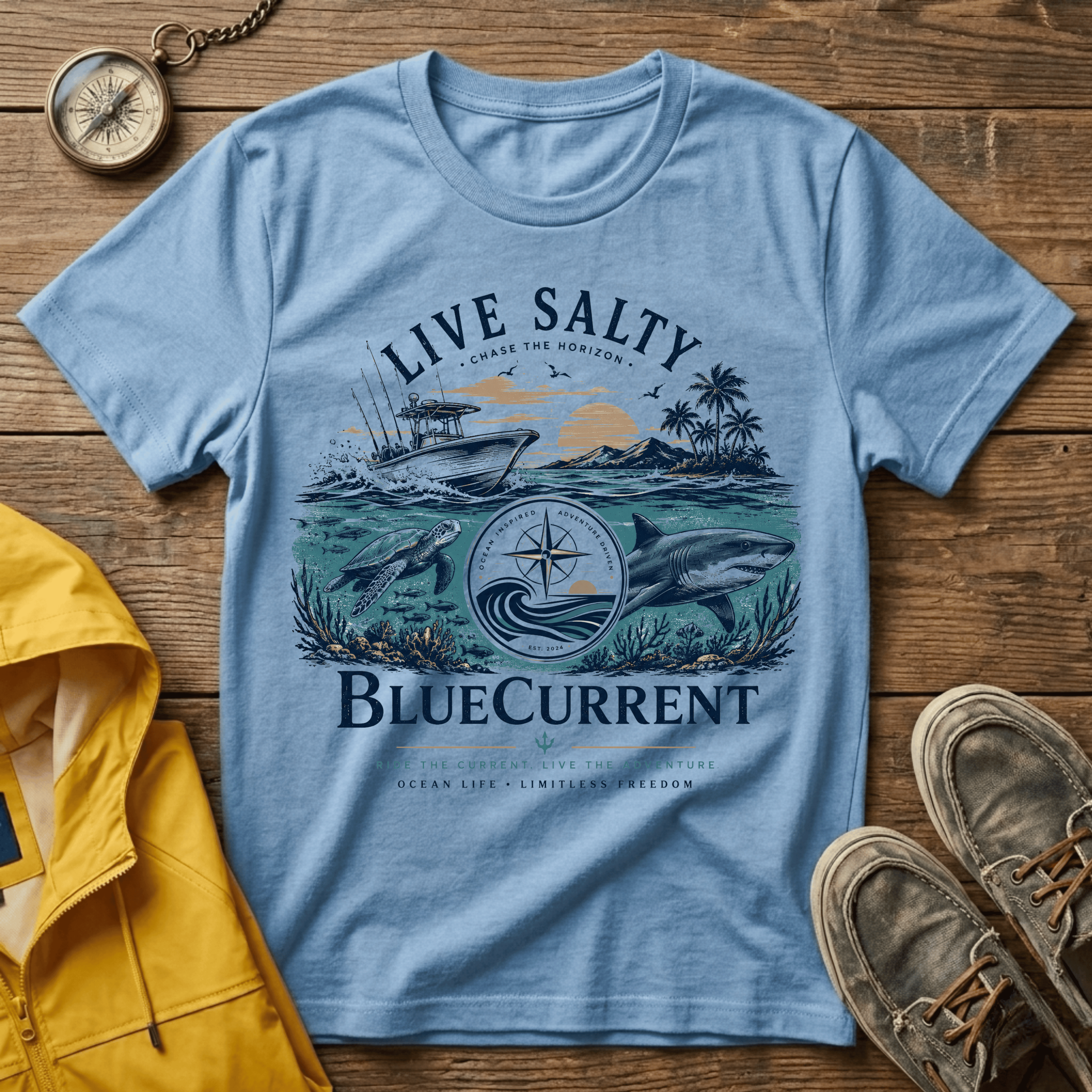 Live Salty Boat Tee — Coastal Sunset Nautical T-Shirt (BlueCurrent)