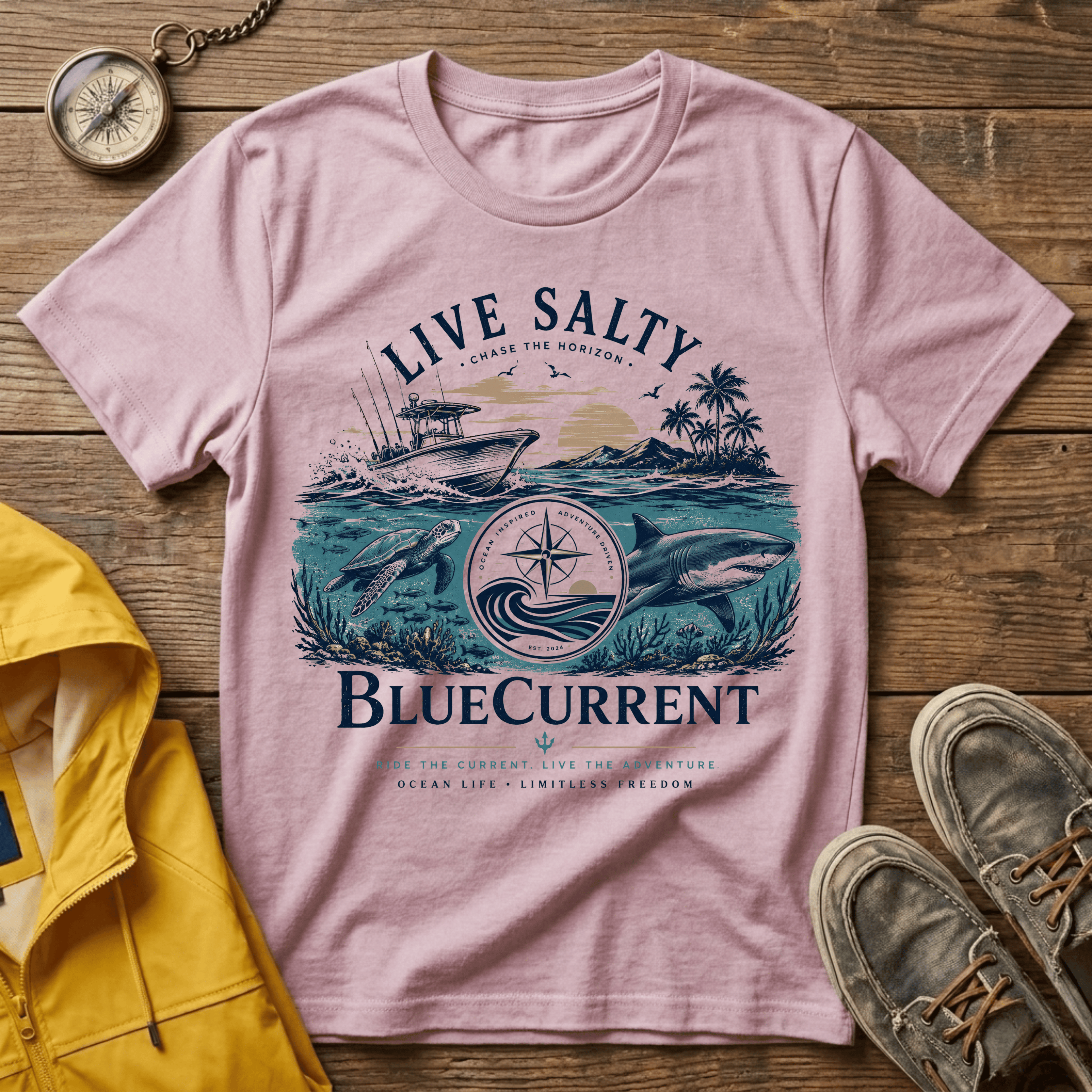 Live Salty Boat Tee — Coastal Sunset Nautical T-Shirt (BlueCurrent)