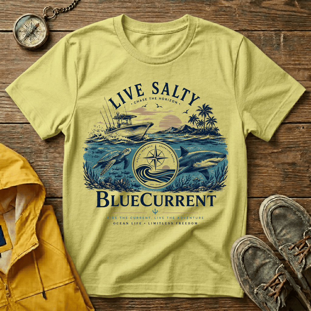 Live Salty Boat Tee — Coastal Sunset Nautical T-Shirt (BlueCurrent)