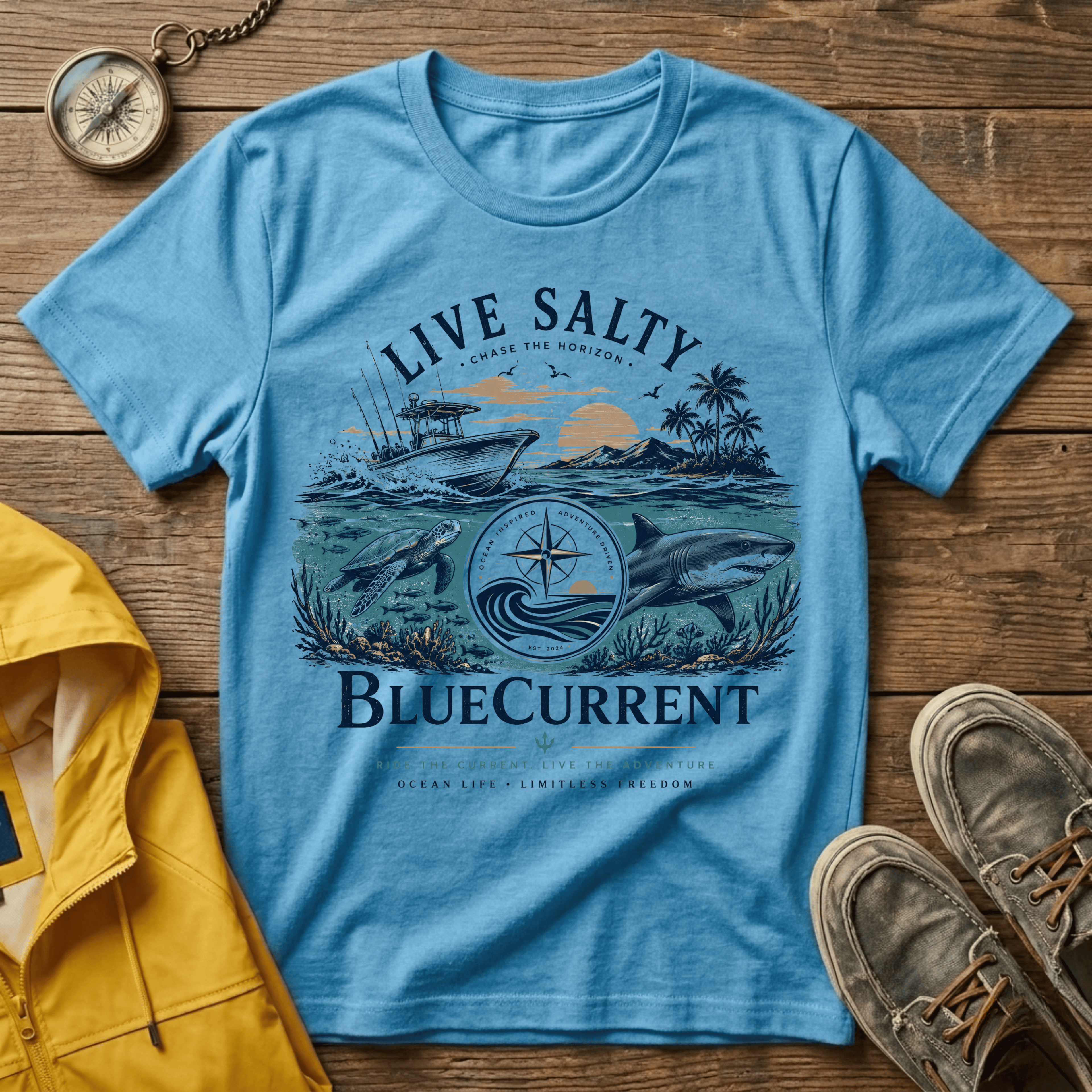 Live Salty Boat Tee — Coastal Sunset Nautical T-Shirt (BlueCurrent)