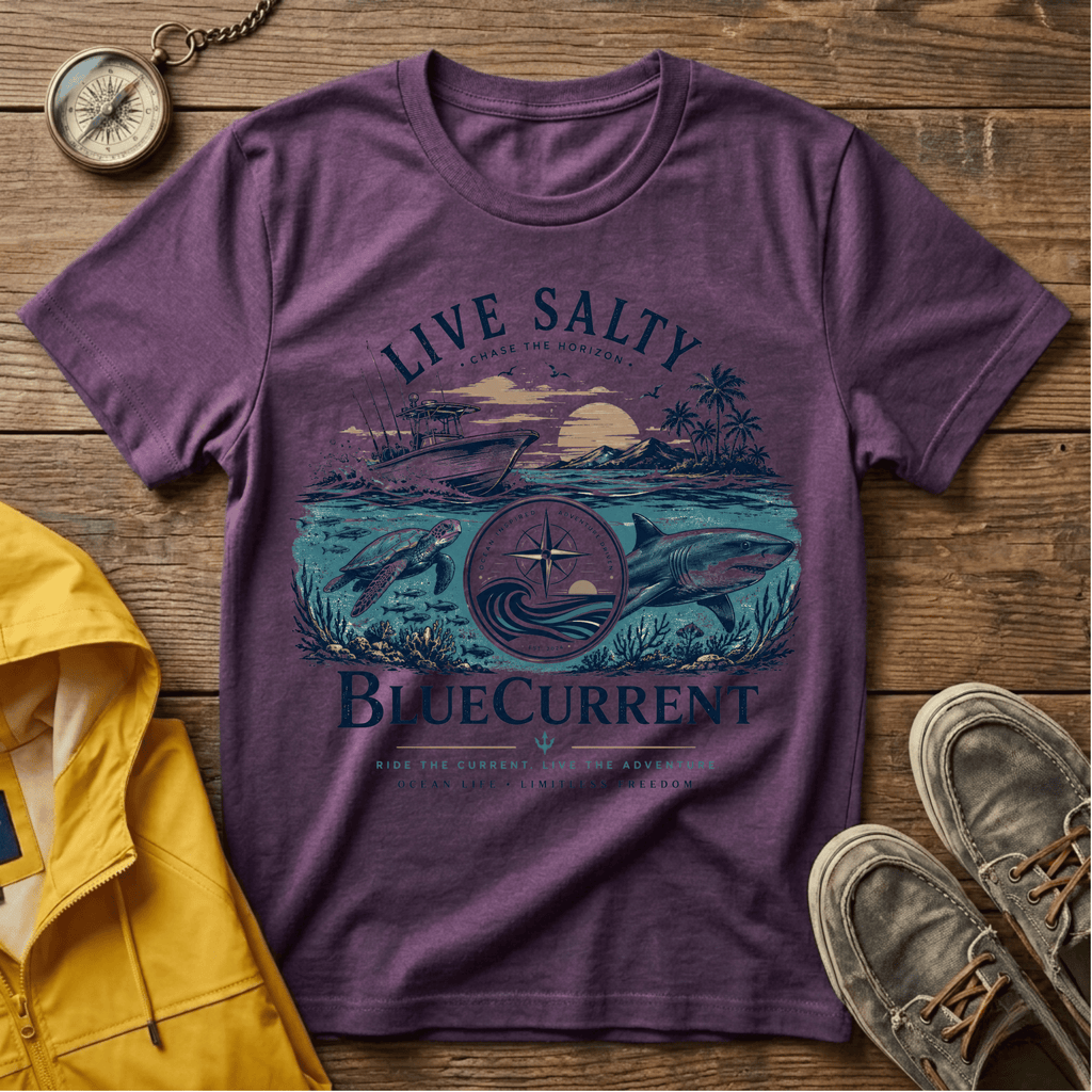 Live Salty Boat Tee — Coastal Sunset Nautical T-Shirt (BlueCurrent)