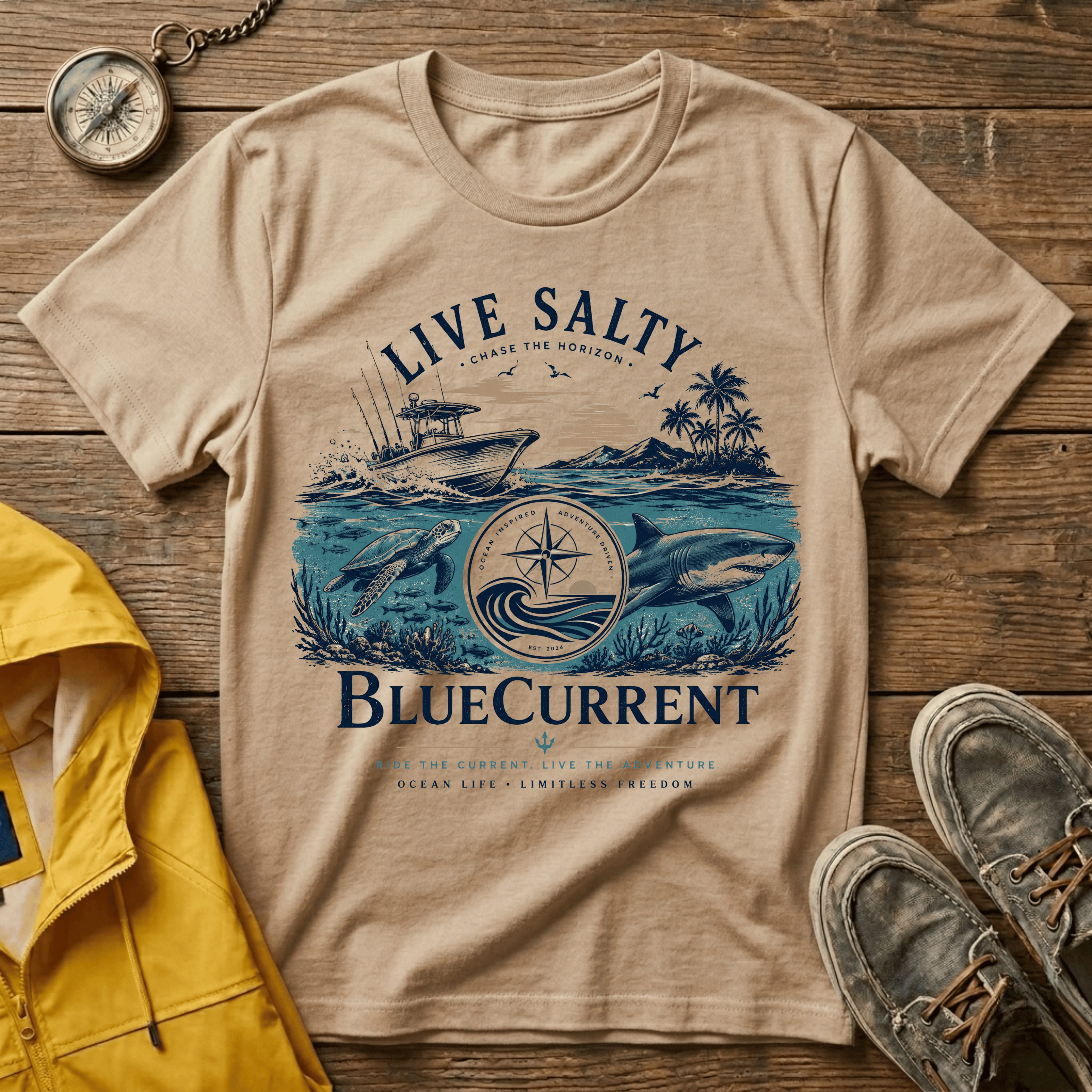 Live Salty Boat Tee — Coastal Sunset Nautical T-Shirt (BlueCurrent)