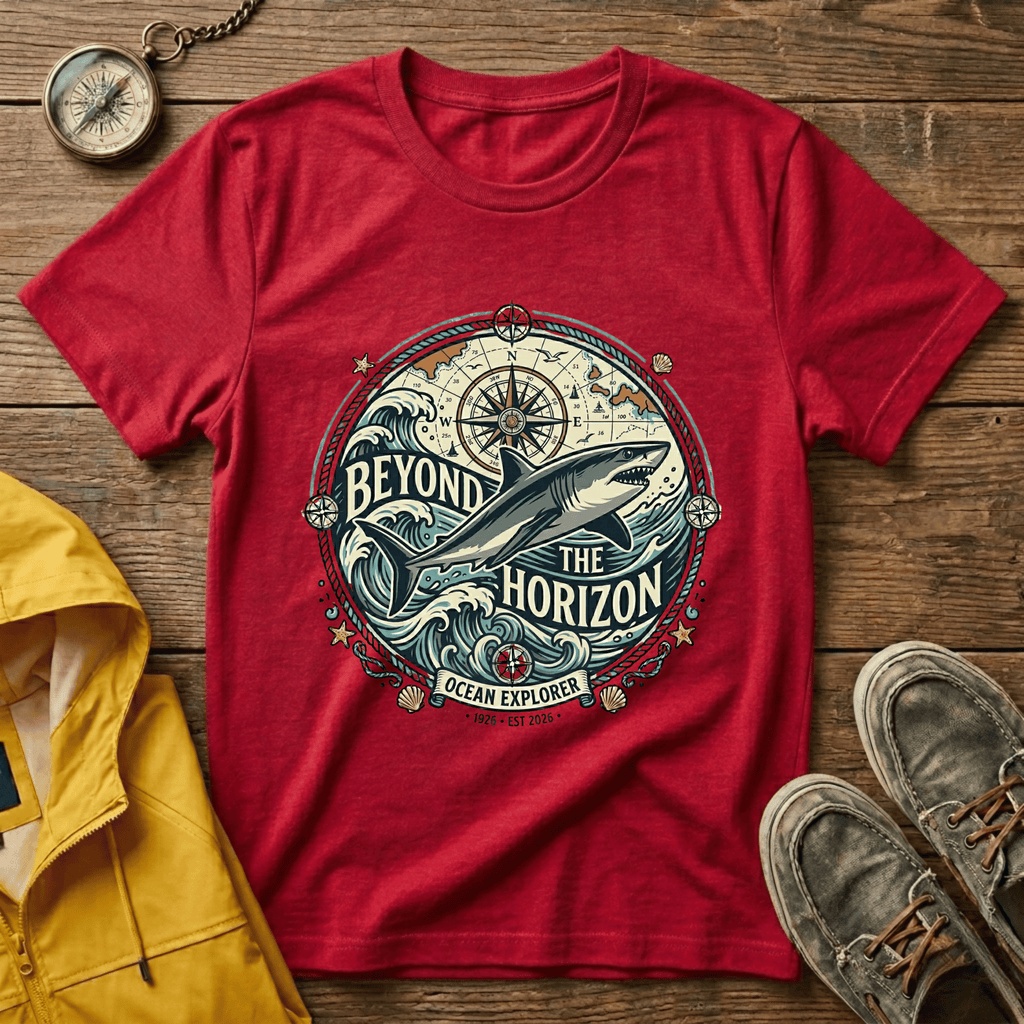 T-Shirt — "Beyond the Horizon" Shark Compass Graphic Tee
