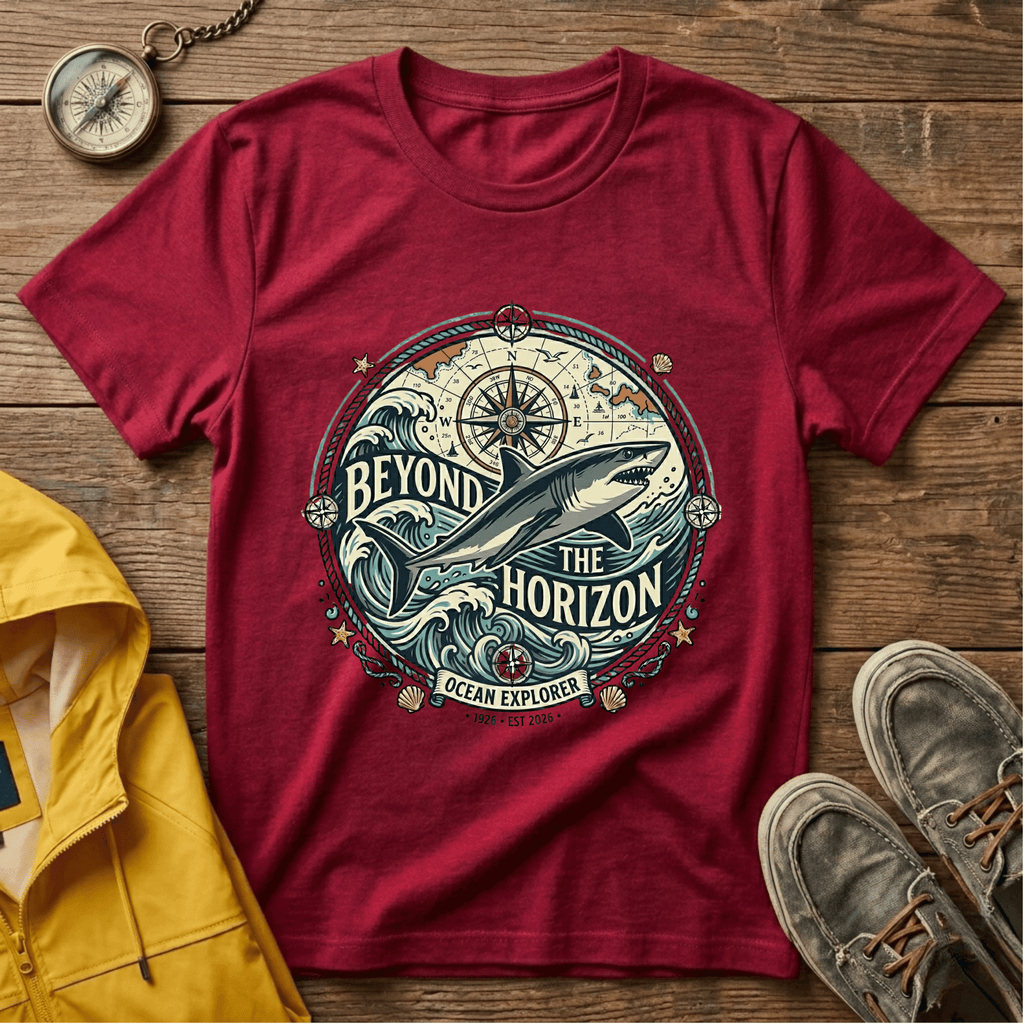 T-Shirt — "Beyond the Horizon" Shark Compass Graphic Tee