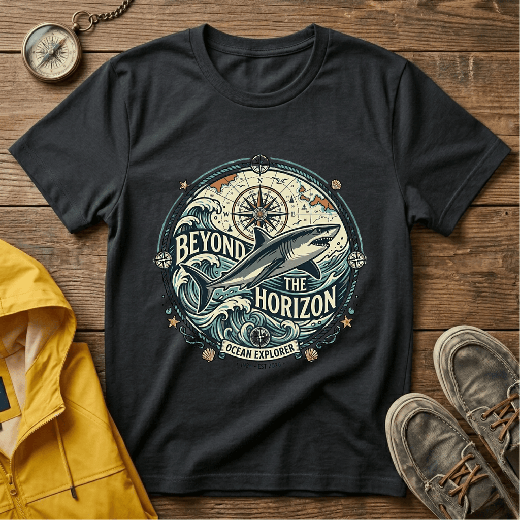 T-Shirt — "Beyond the Horizon" Shark Compass Graphic Tee