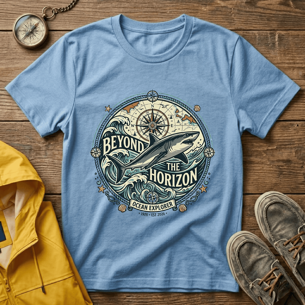 T-Shirt — "Beyond the Horizon" Shark Compass Graphic Tee
