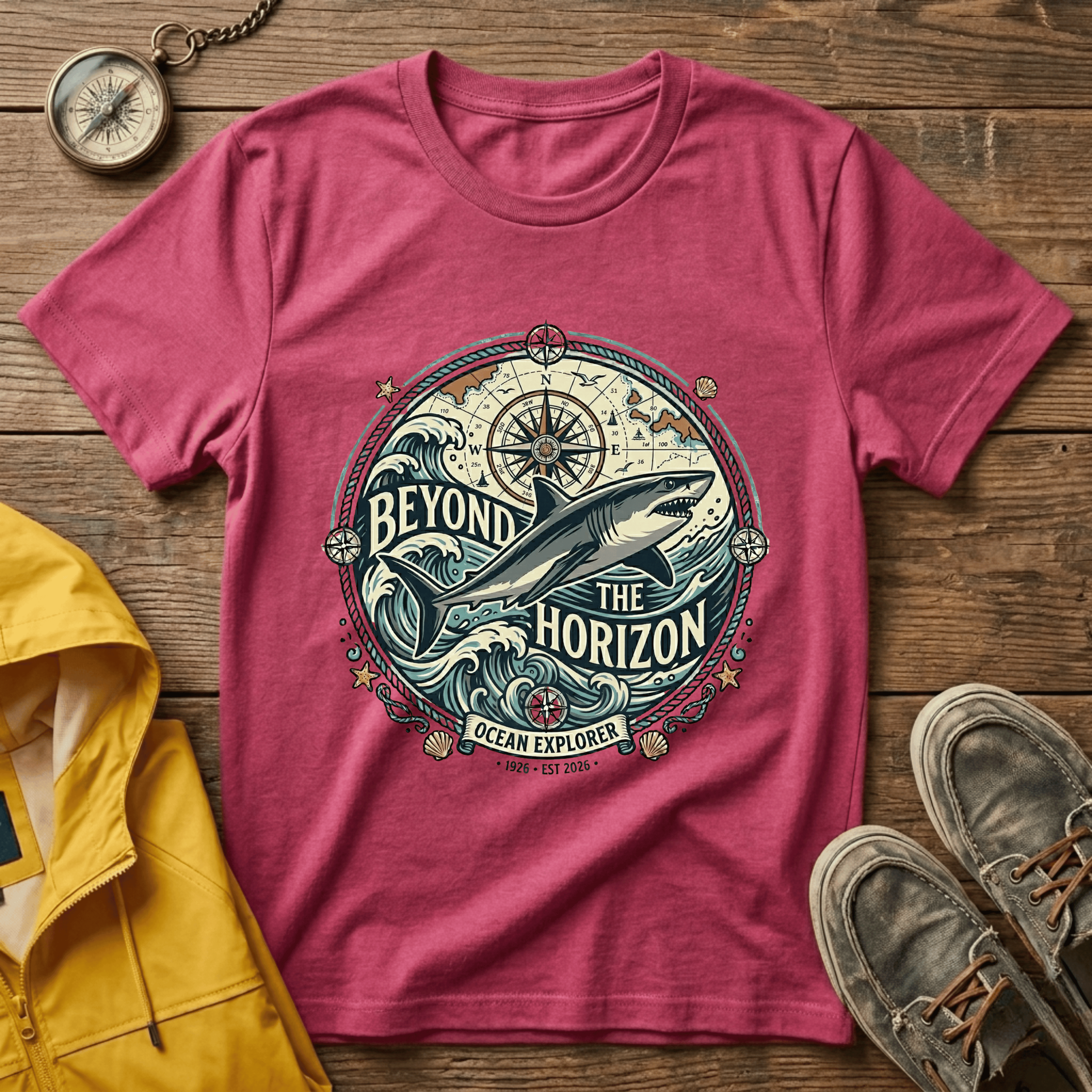 T-Shirt — "Beyond the Horizon" Shark Compass Graphic Tee