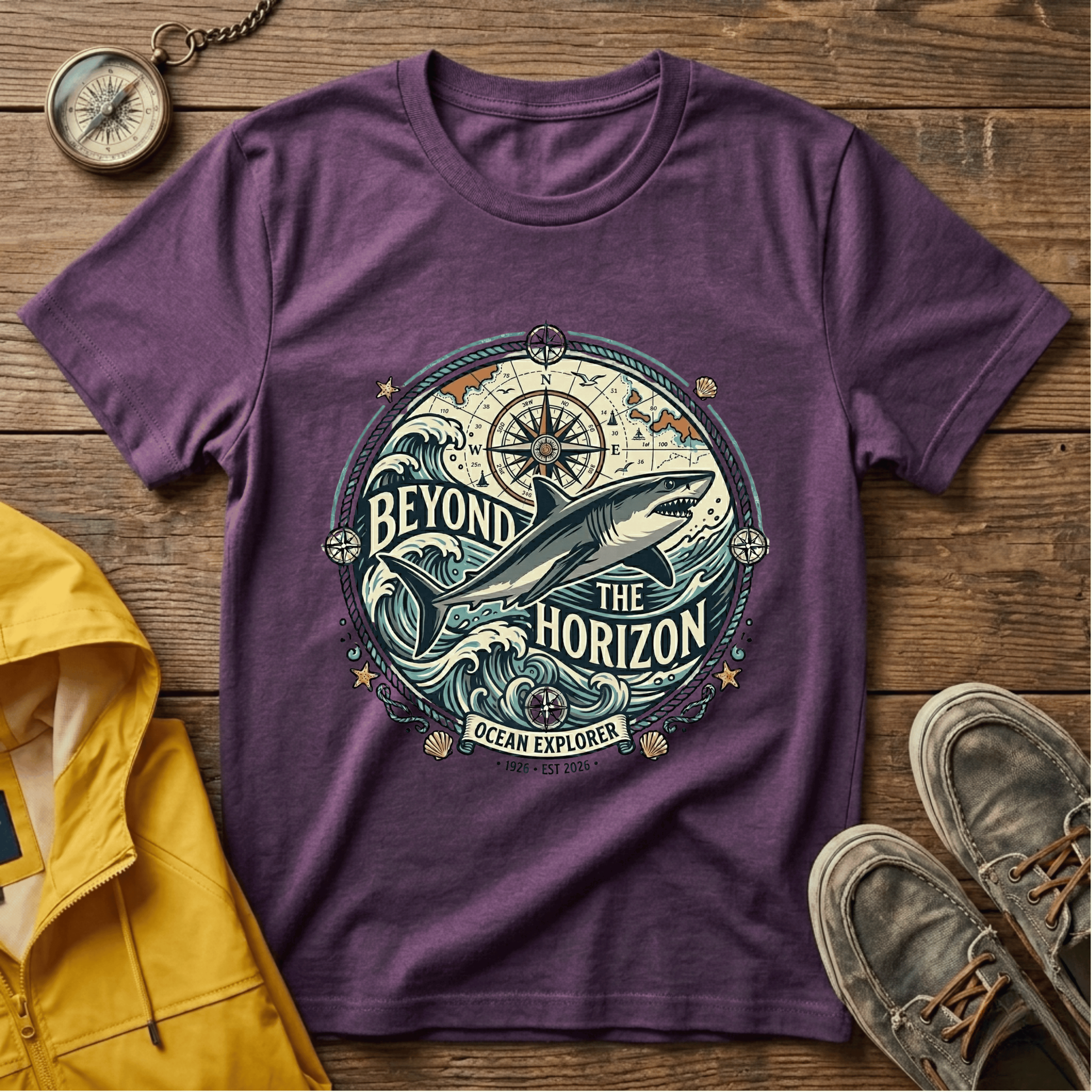 T-Shirt — "Beyond the Horizon" Shark Compass Graphic Tee