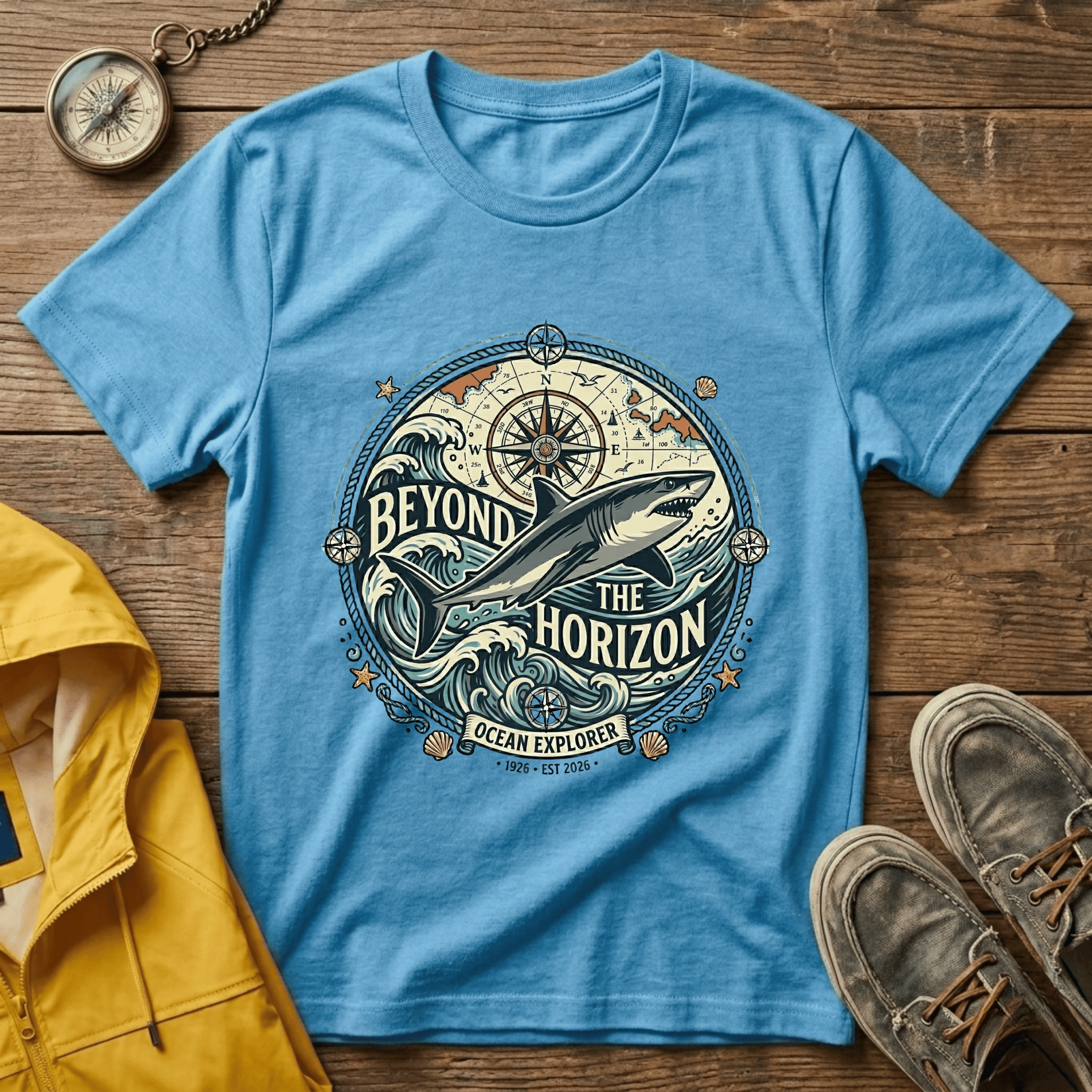 T-Shirt — "Beyond the Horizon" Shark Compass Graphic Tee
