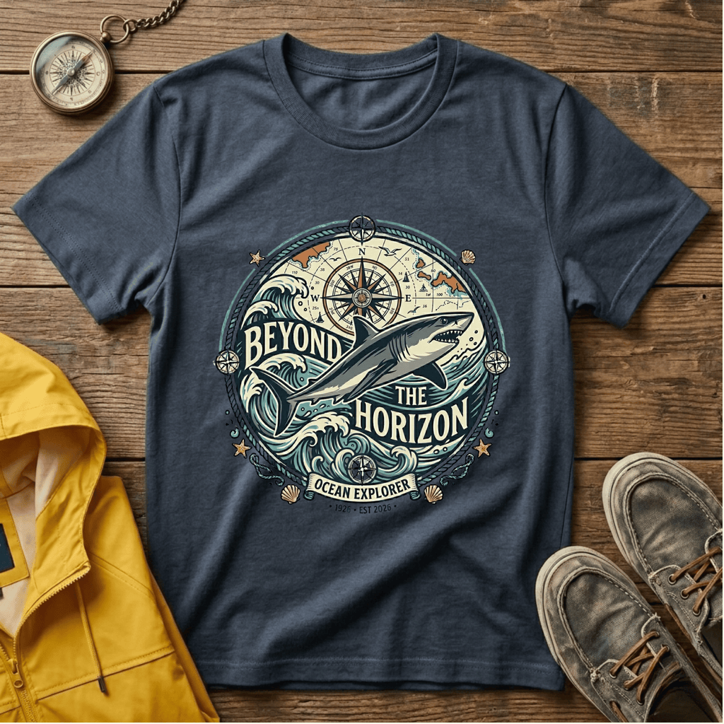 T-Shirt — "Beyond the Horizon" Shark Compass Graphic Tee