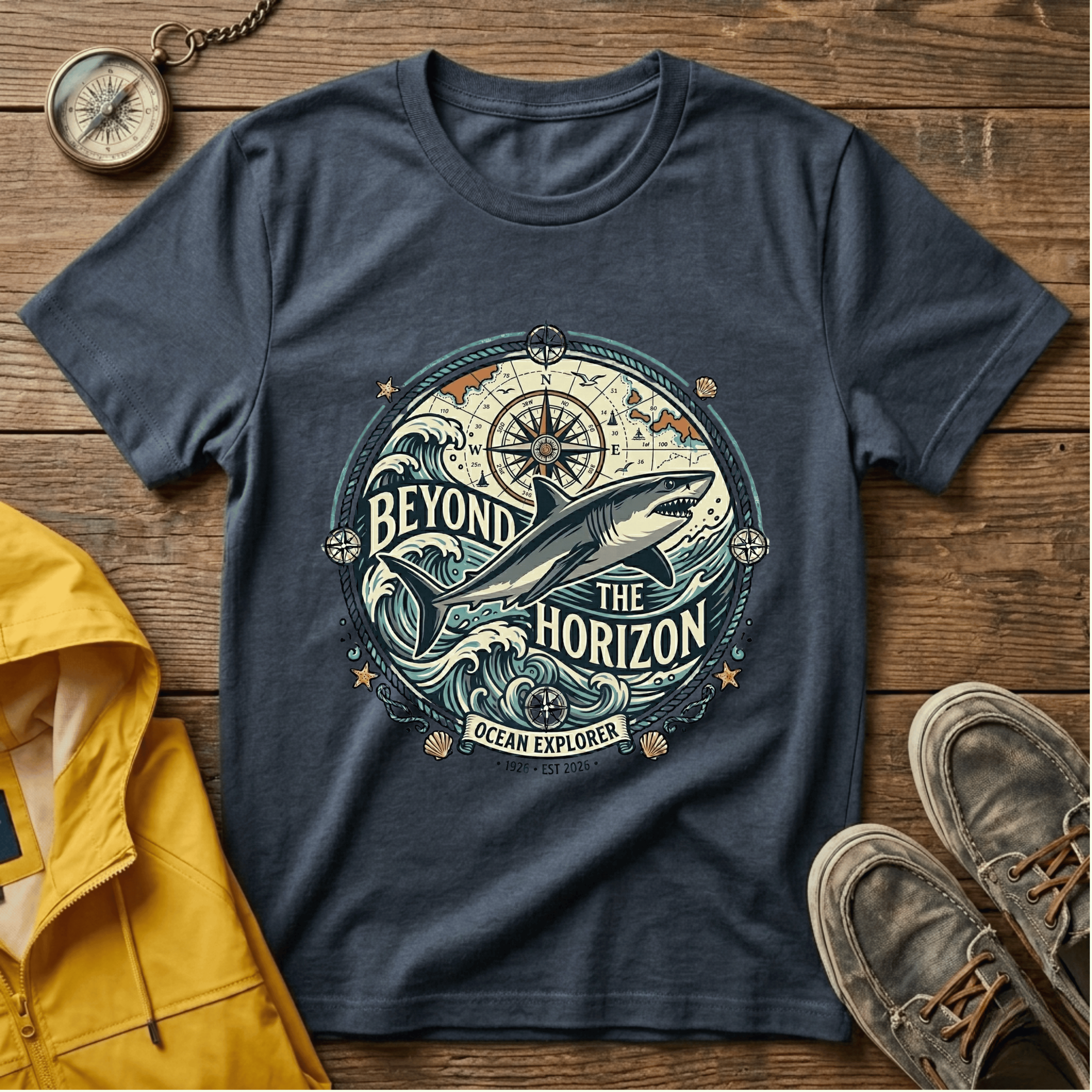 T-Shirt — "Beyond the Horizon" Shark Compass Graphic Tee