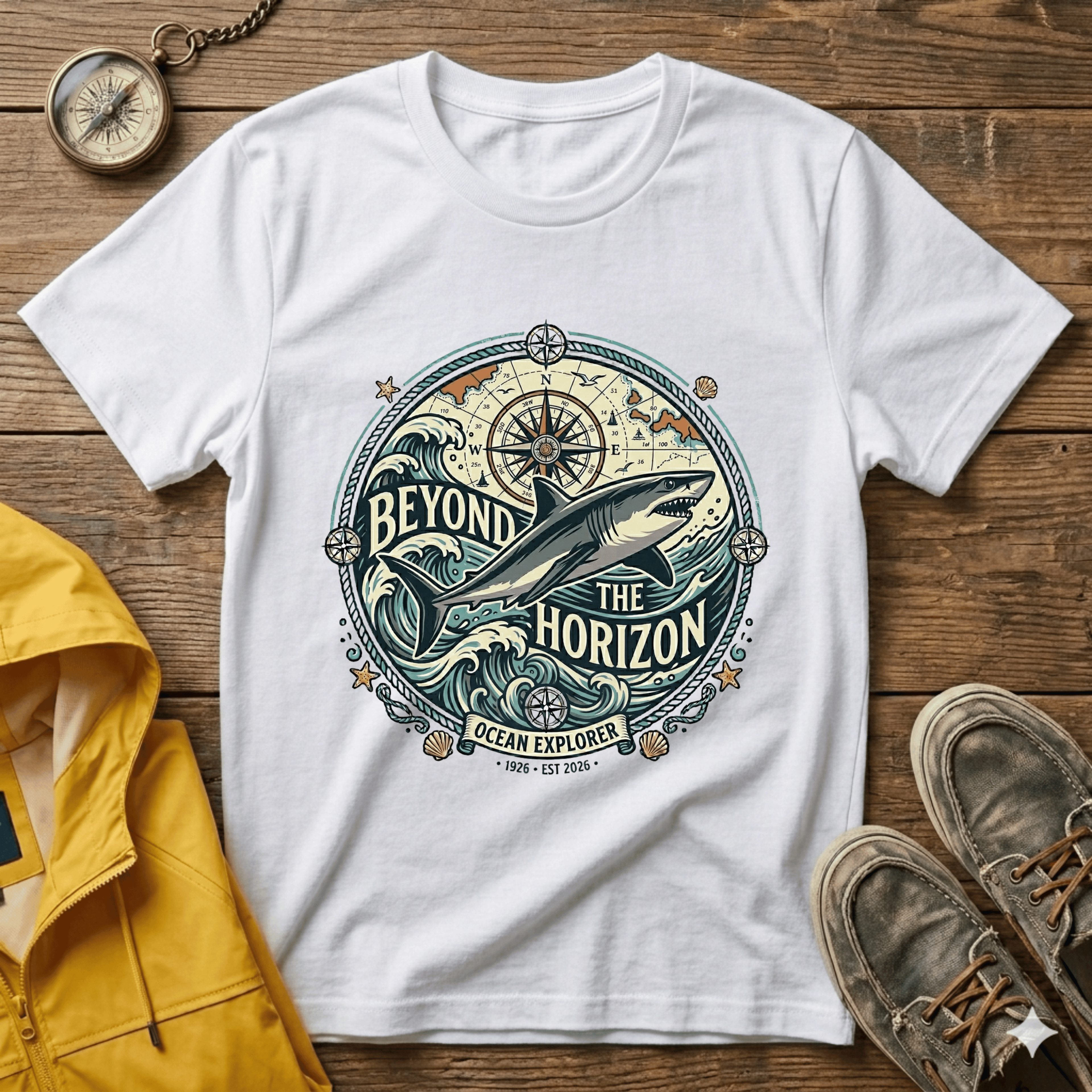 T-Shirt — "Beyond the Horizon" Shark Compass Graphic Tee
