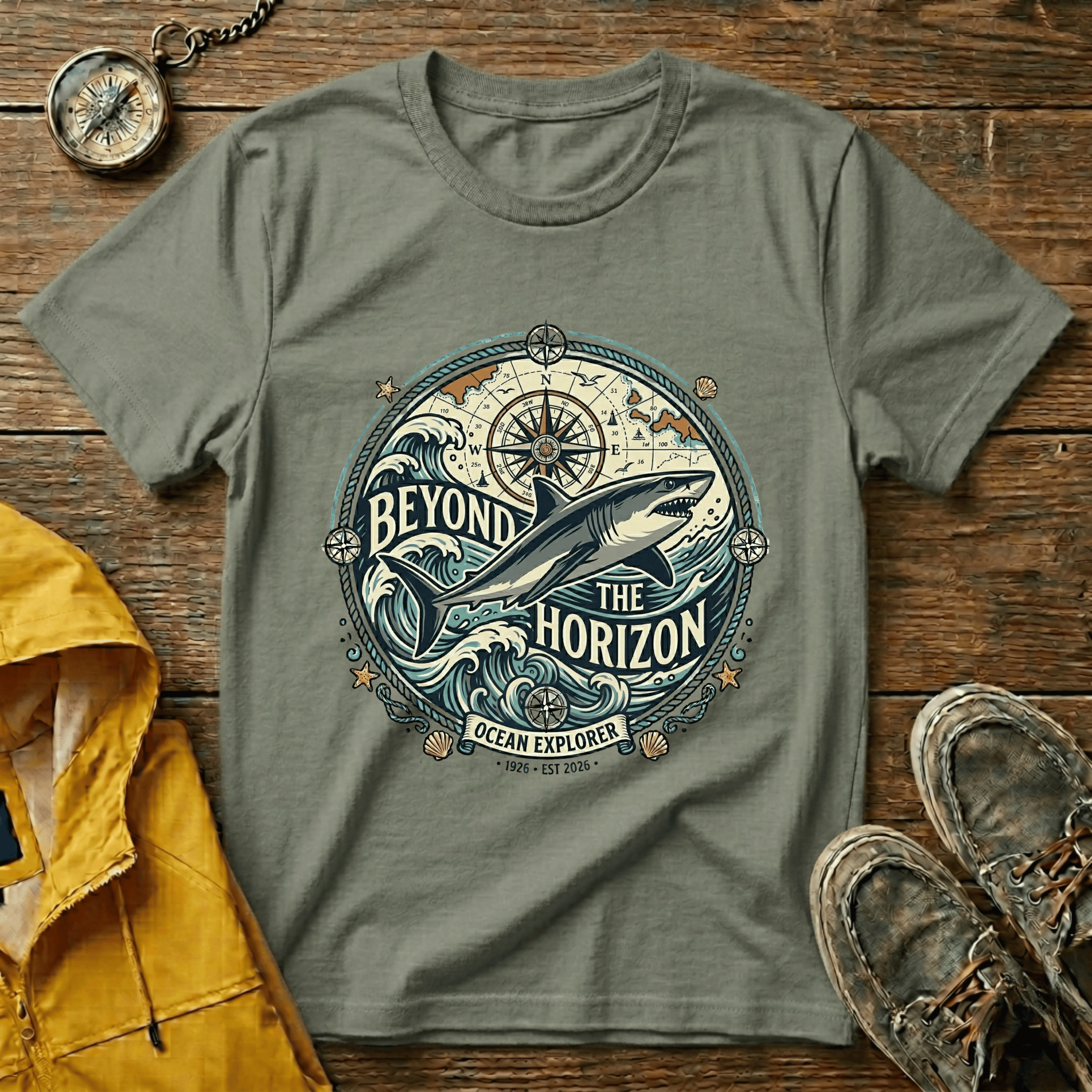 T-Shirt — "Beyond the Horizon" Shark Compass Graphic Tee