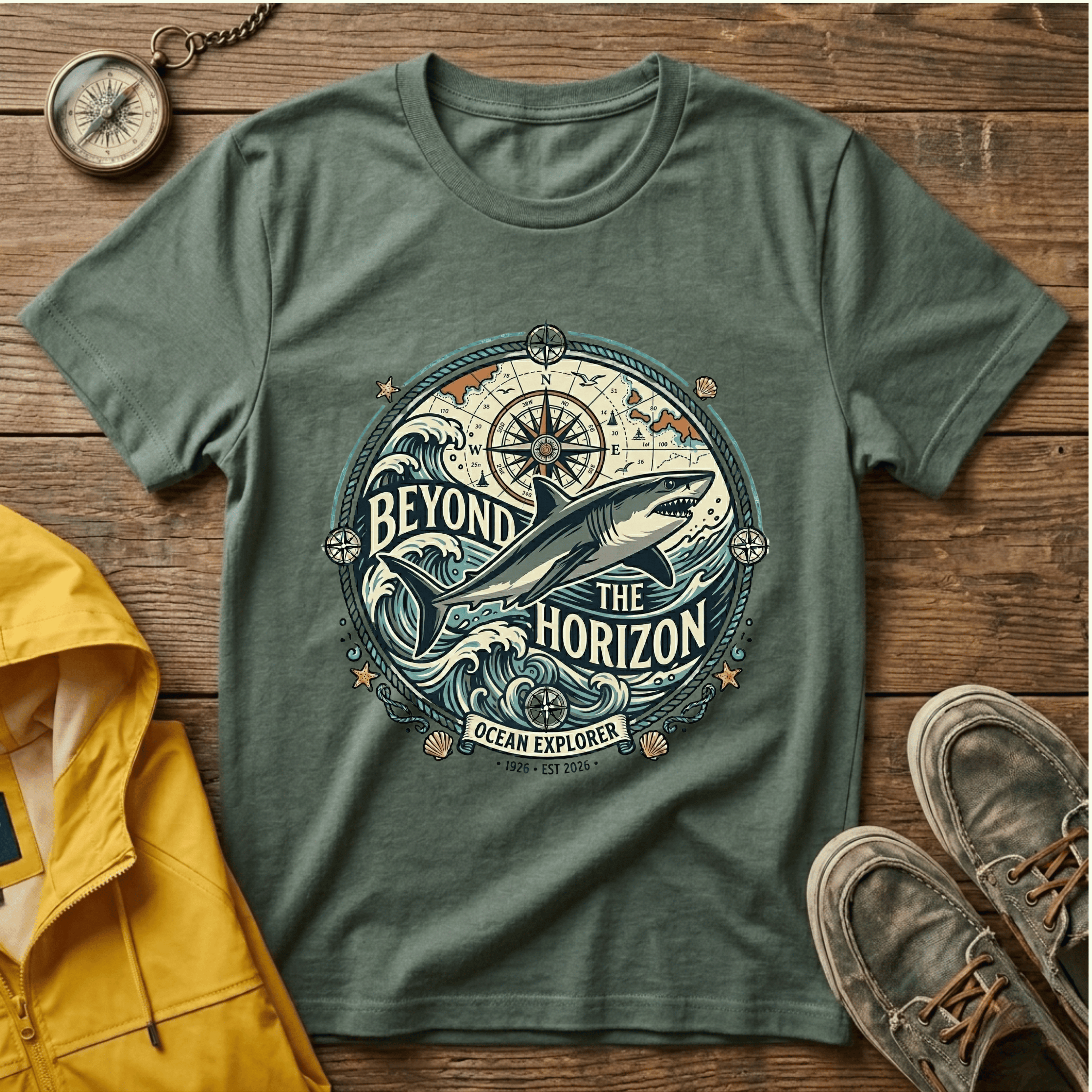 T-Shirt — "Beyond the Horizon" Shark Compass Graphic Tee