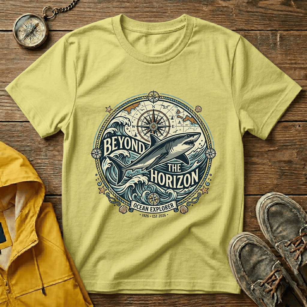 T-Shirt — "Beyond the Horizon" Shark Compass Graphic Tee