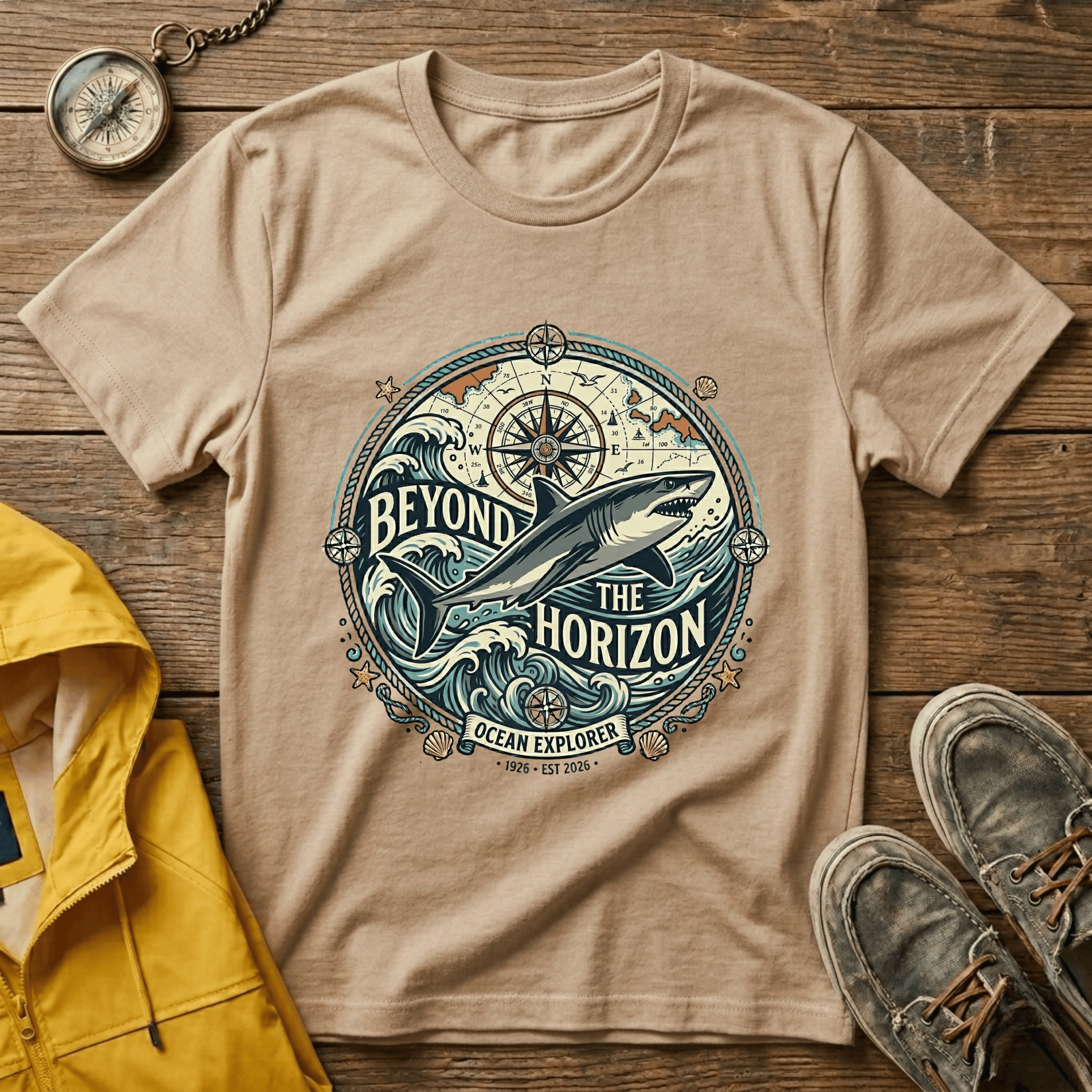 T-Shirt — "Beyond the Horizon" Shark Compass Graphic Tee