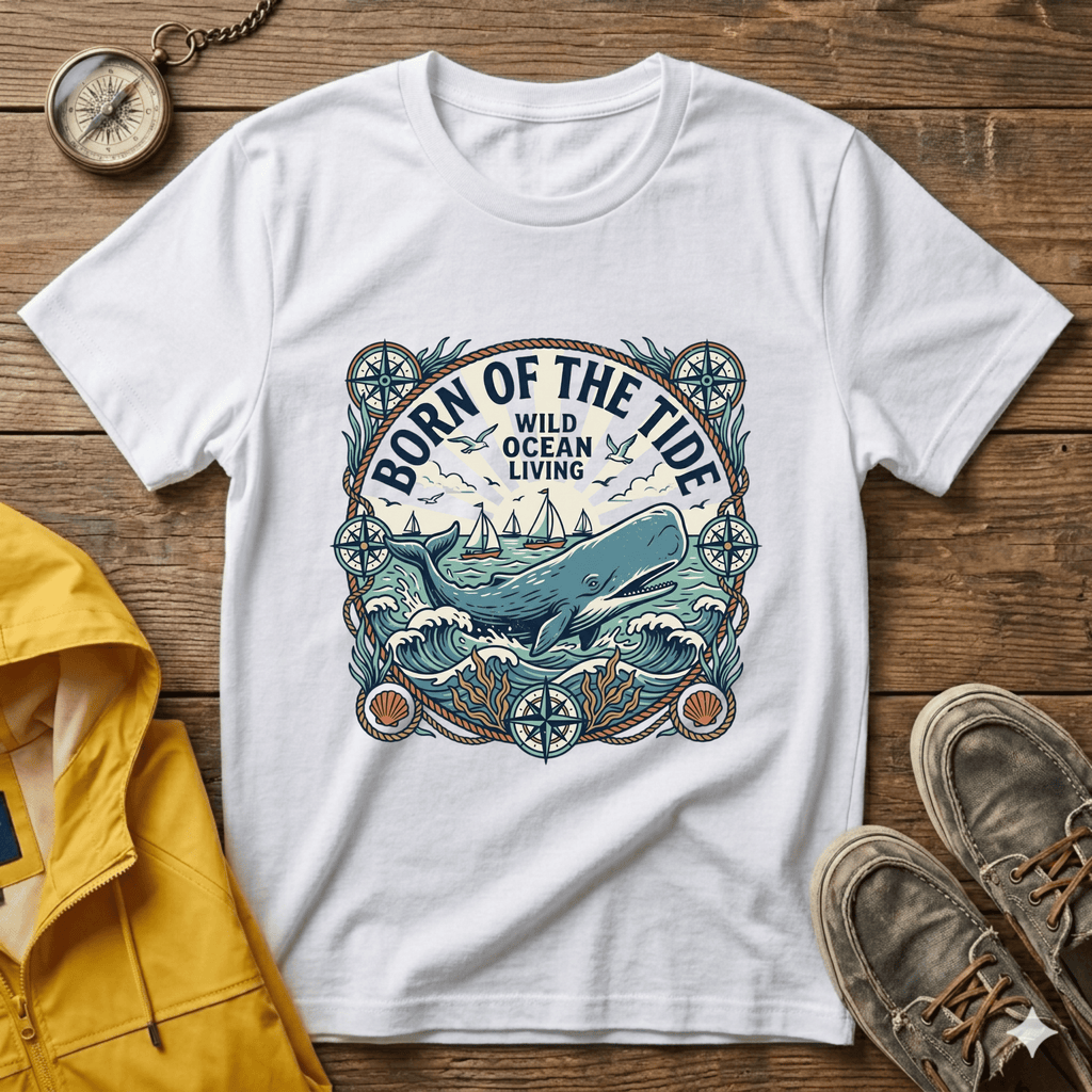 Born of the Tide T-Shirt — 'Wild Ocean Living' Nautical Whale Graphic Tee