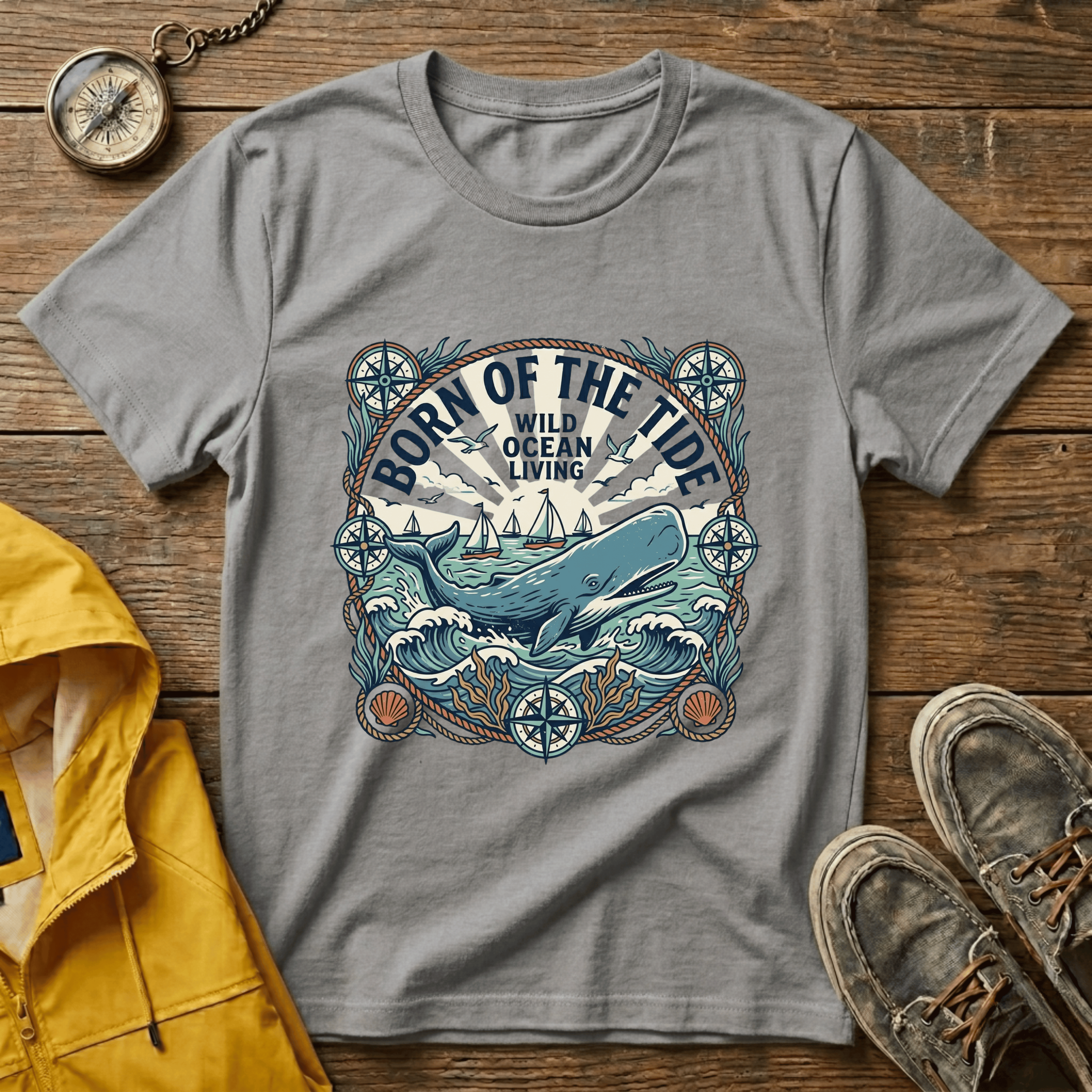 Born of the Tide T-Shirt — 'Wild Ocean Living' Nautical Whale Graphic Tee