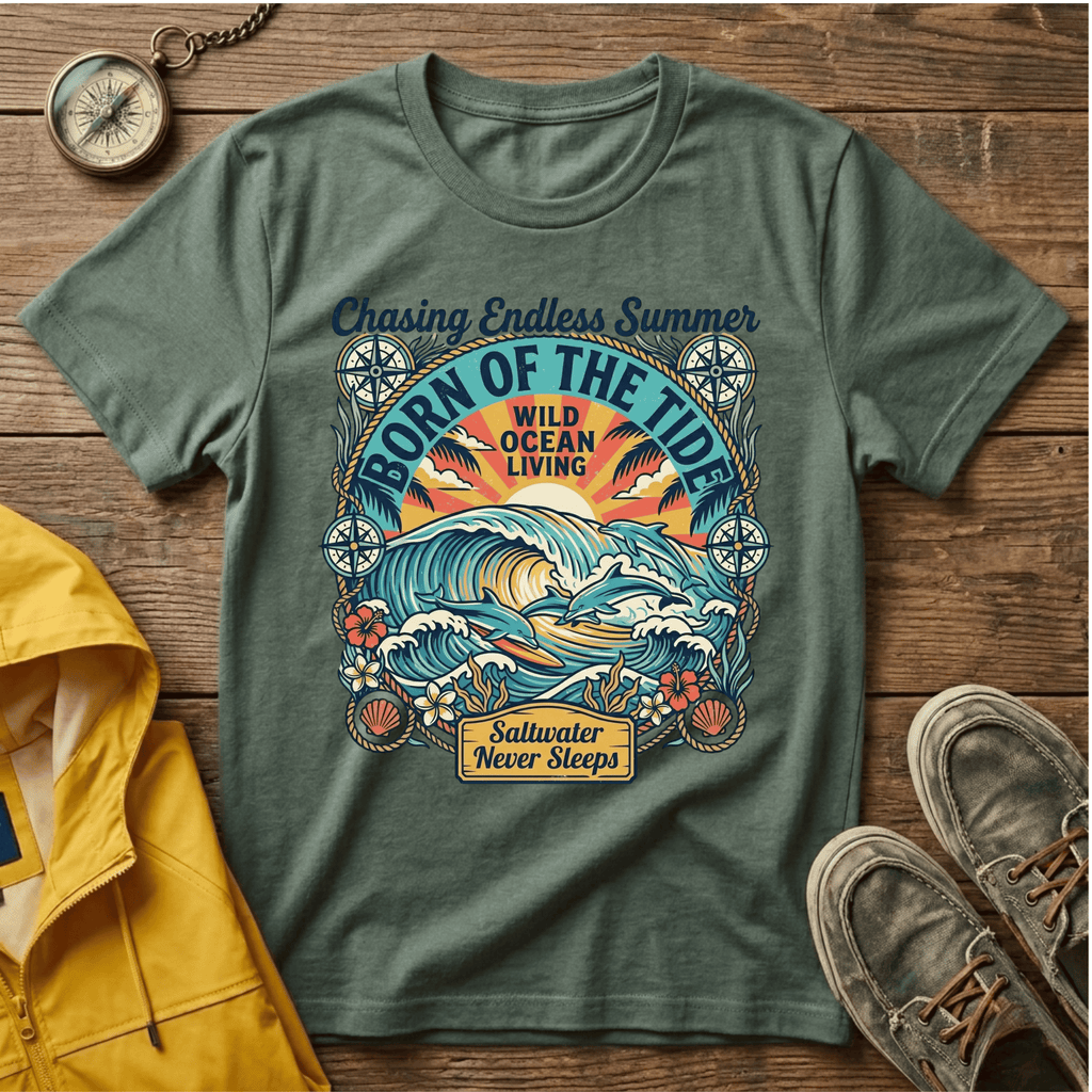 T-shirt graphique Born of the Tide – T-shirt vintage sur le thème de l'océan "Chasing Endless Summer"