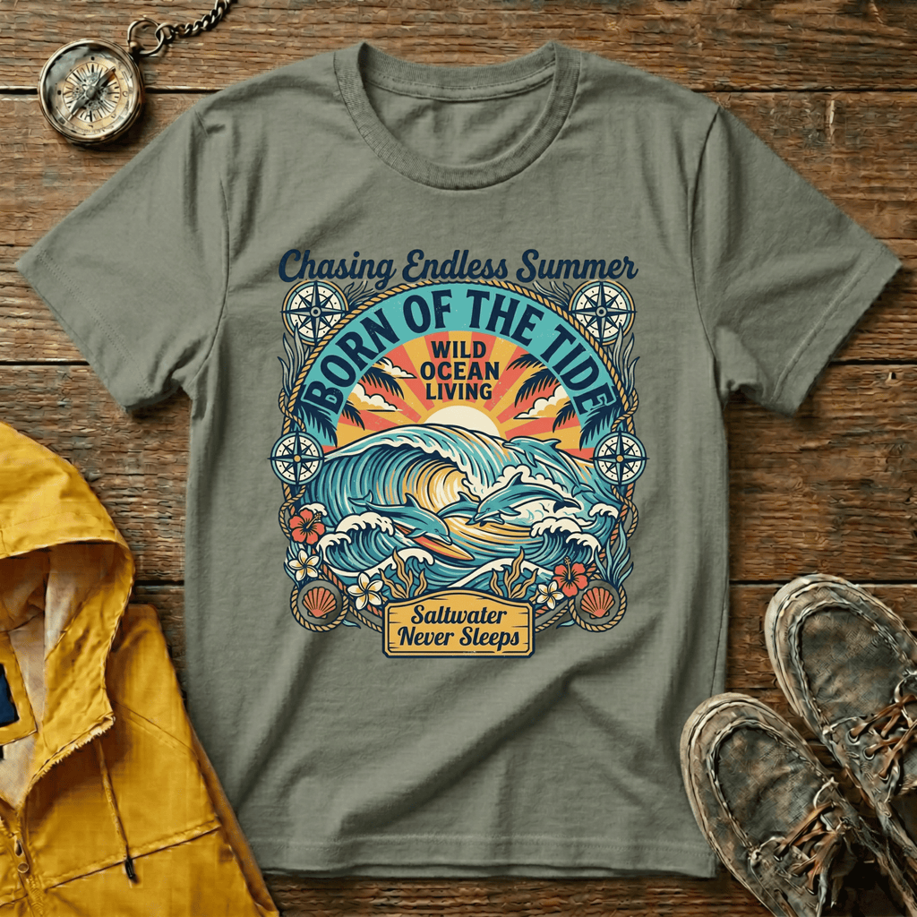 T-shirt graphique Born of the Tide – T-shirt vintage sur le thème de l'océan "Chasing Endless Summer"