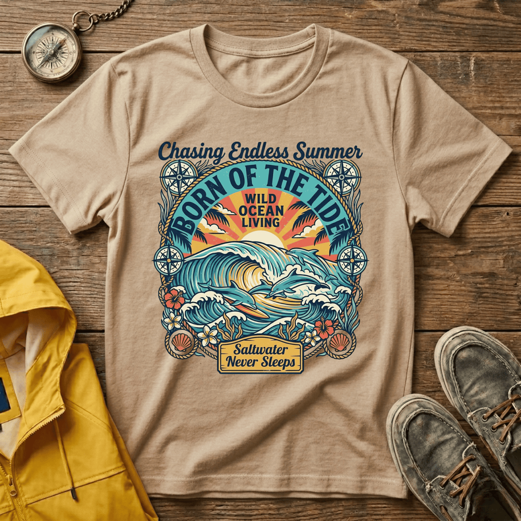 T-shirt graphique Born of the Tide – T-shirt vintage sur le thème de l'océan "Chasing Endless Summer"