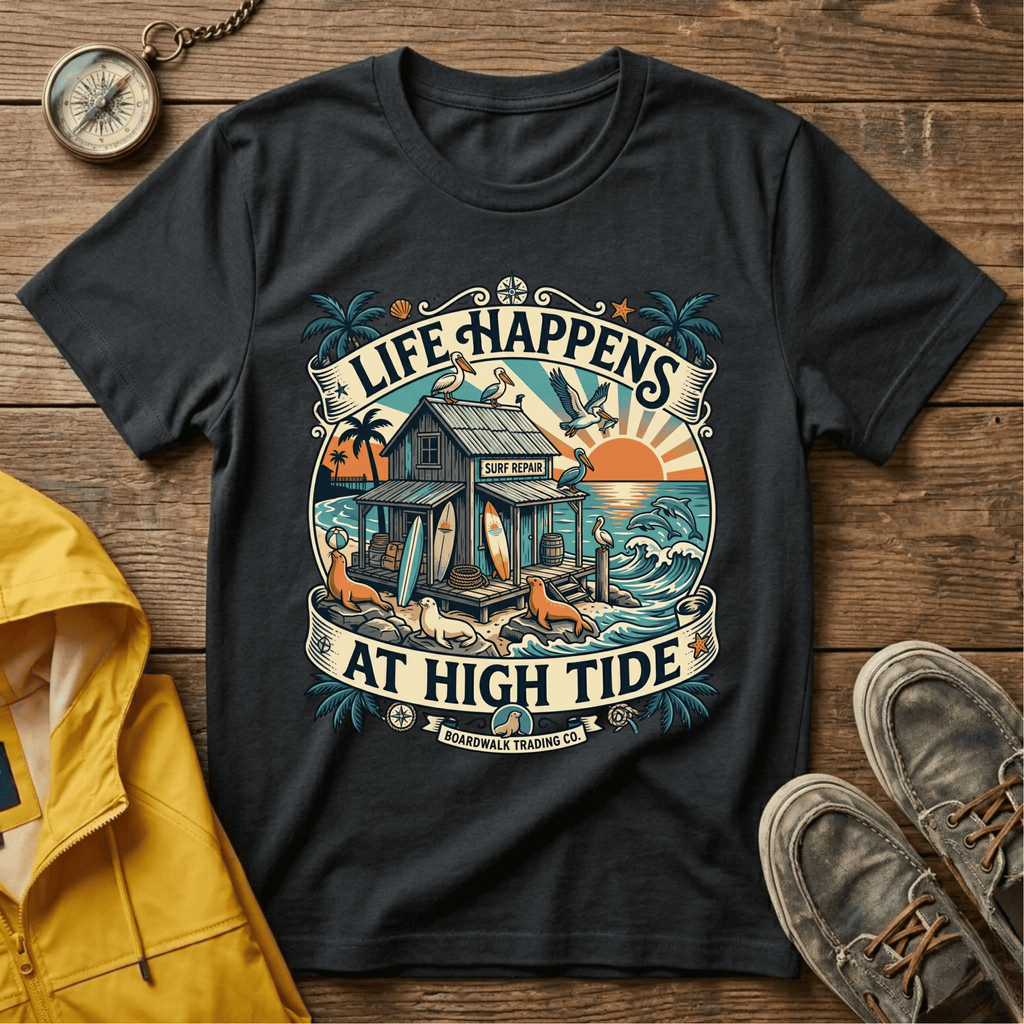 Life Happens At High Tide T‑Shirt — Tropical Beach Sunset Surf Tee
