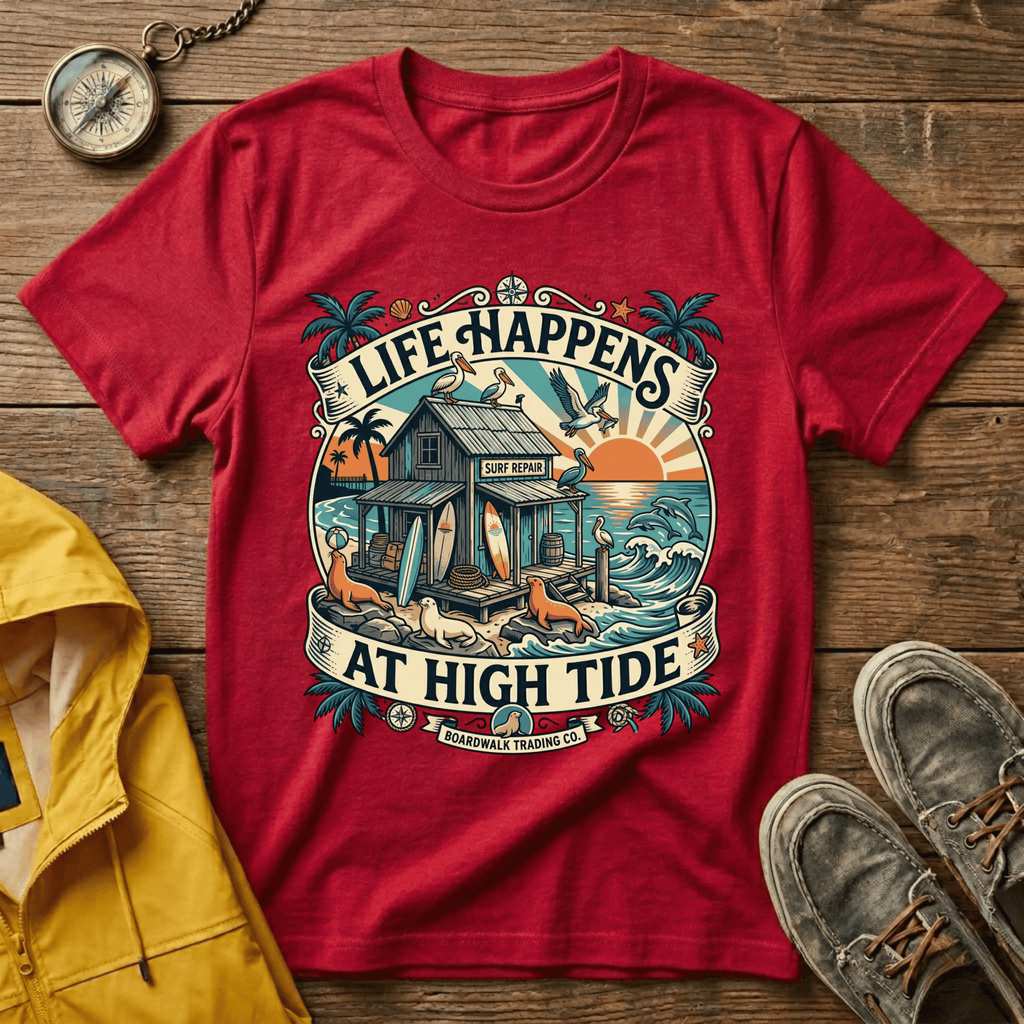 Life Happens At High Tide T‑Shirt — Tropical Beach Sunset Surf Tee