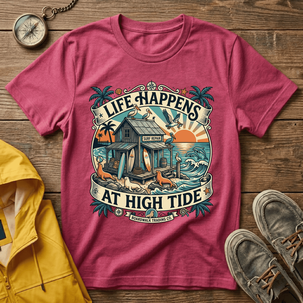 Life Happens At High Tide T‑Shirt — Tropical Beach Sunset Surf Tee