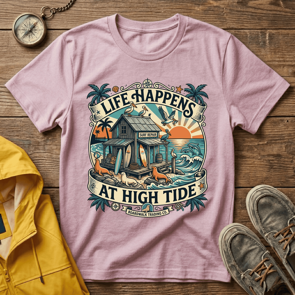 Life Happens At High Tide T‑Shirt — Tropical Beach Sunset Surf Tee