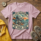 Life Happens At High Tide T‑Shirt — Tropical Beach Sunset Surf Tee